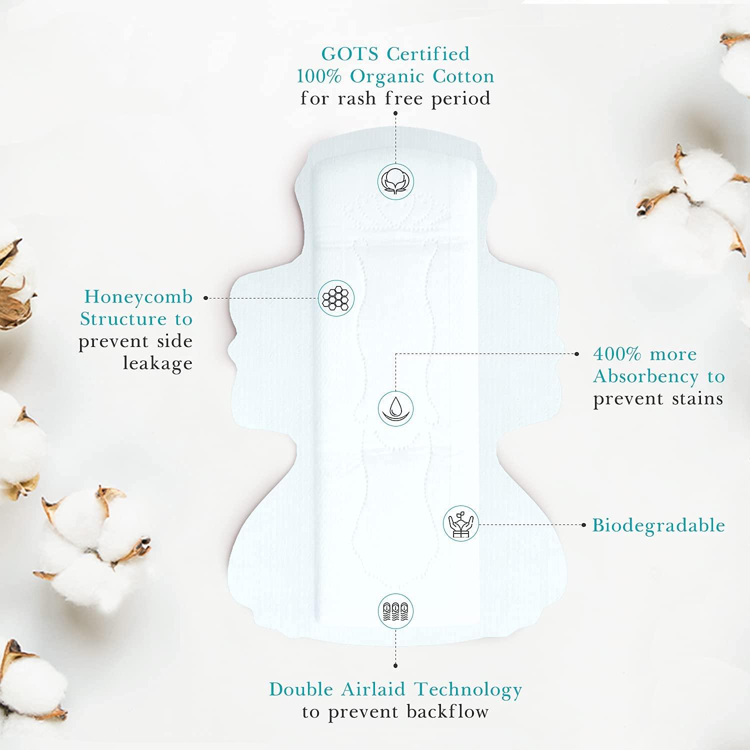 Hi Life Hi Life Flow Easy Organic Sanitary Pads | Rash free Sanitary Pads | 100% Organic Cotton Pads for Normal-Sensitive Skin | Sanitary Napkins for Heavy Flow with Free Disposal Bags | Leak Proof & Full Coverage X-Large Sanitary Pads| Super-Absorbent with