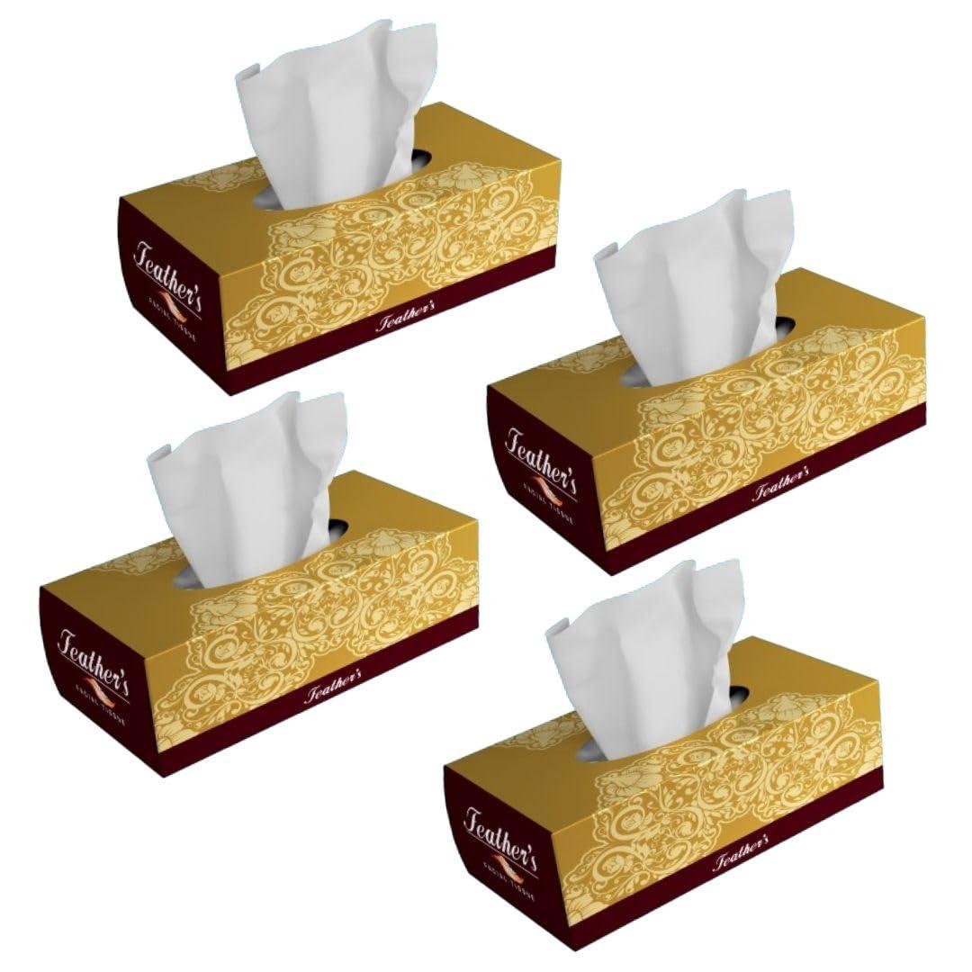Feather\'s Feather\'s Face Tissue Box (Dry) | 2 Ply, 200 Pulls per Box, Pack of 4 | Super Soft & Absorbent Facial Tissue Box | Facial Tissue Papers | Virgin Paper, Biodegradable (Random Color Box)