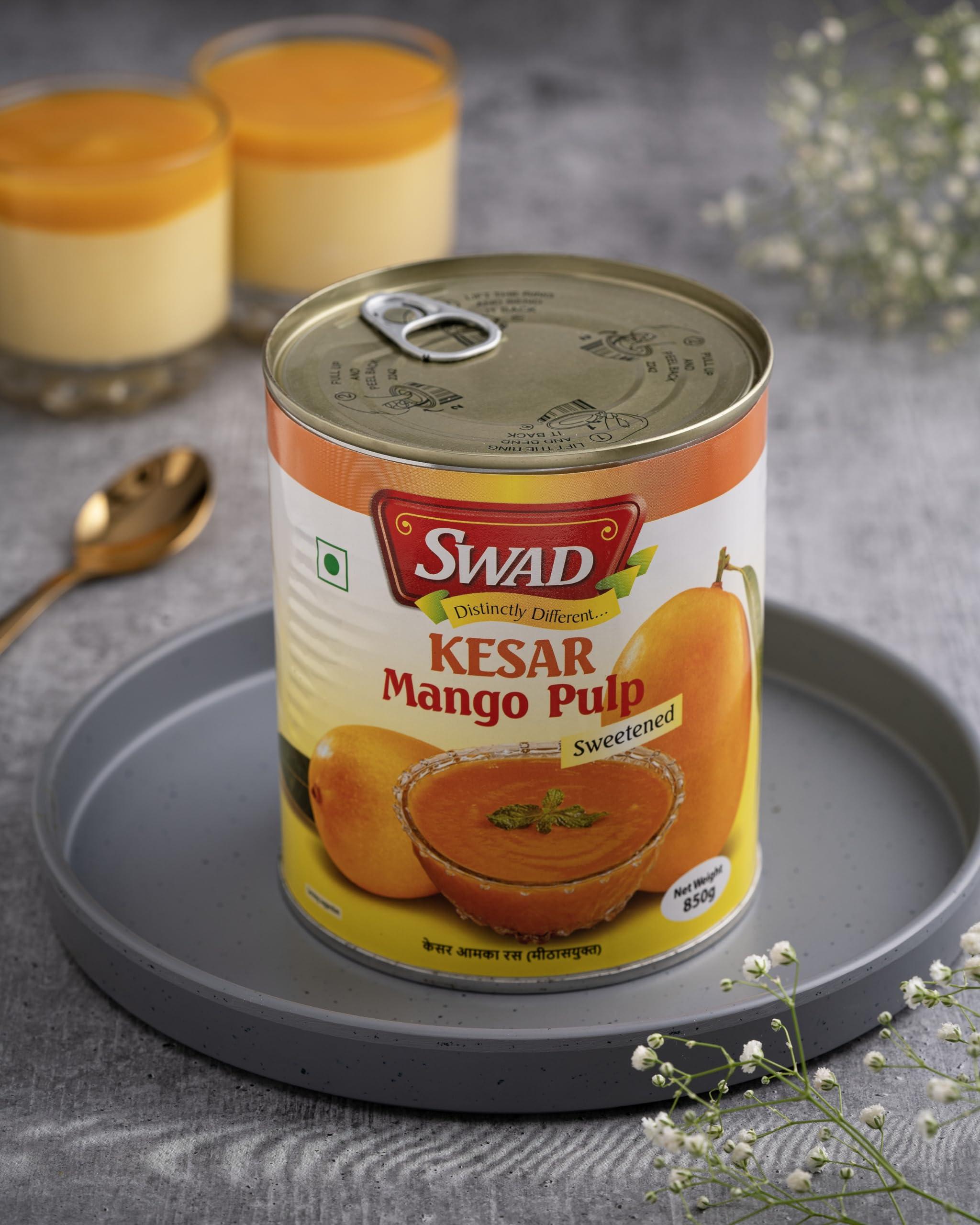 SWAD SWAD Kesar Pure Mango Pulp/Aamras Tin with No Added Preservative Sweetened - 850 Grams Pack of 3