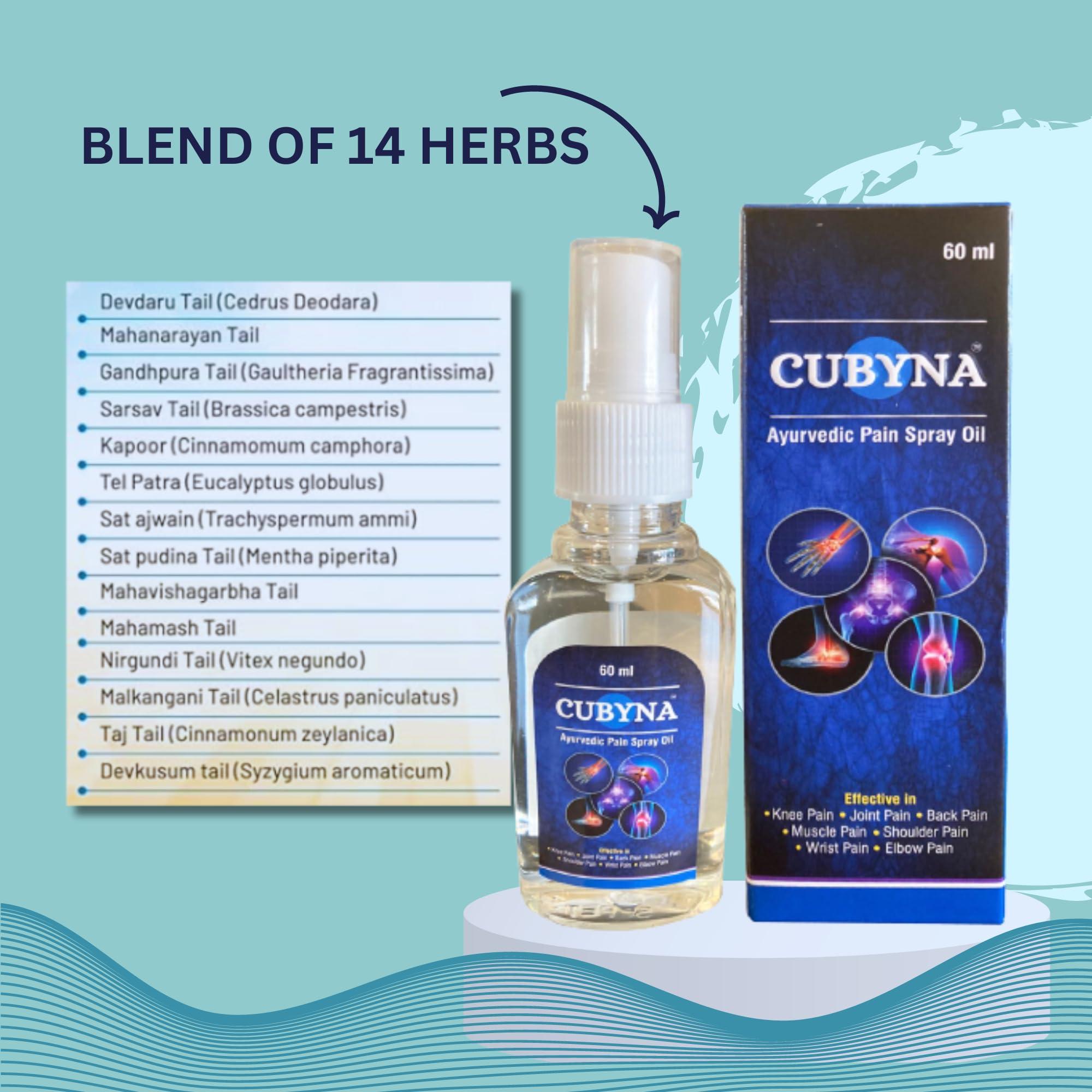 CUBYNA CUBYNA Natural Ayurvedic Pain Oil 60 ml Travel Pack (Spray Type) Blend of 14 Ayurvedic Herbs, Quick Absorption, 1 Pack = 1