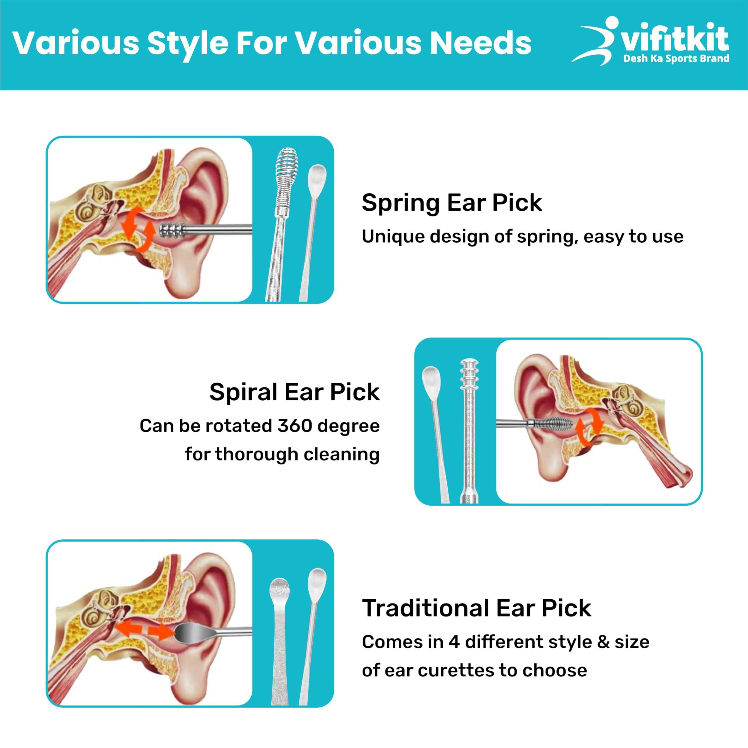 VIFITKIT VFK by Trendy Home Ear Cleaning Kit (Pack of 1), Reusable Ear Wax Cleaner Tool Set with Storage Box - Ear Wax Remover Tool Kit with Ear Curette Cleaner and Spring Earbuds Cleaner (6 Pcs, Stainless Steel)