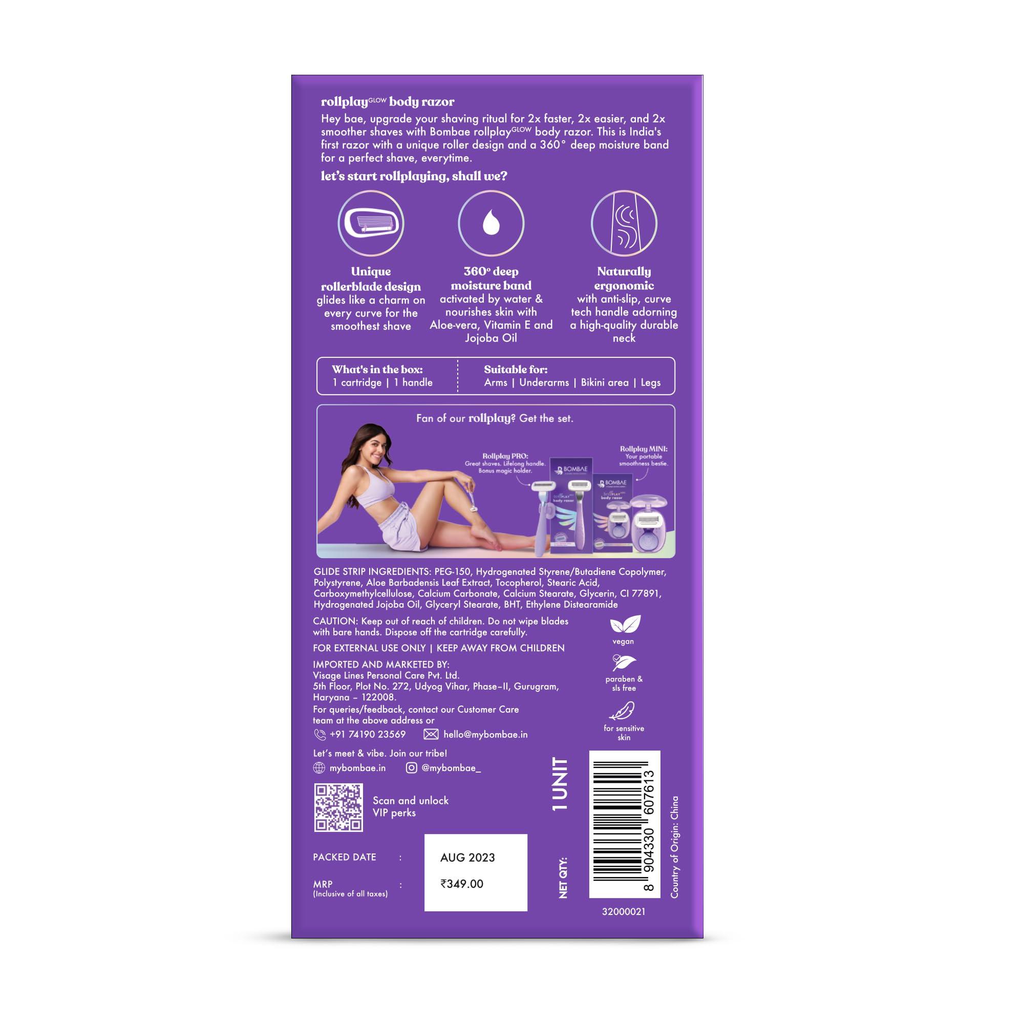 BOMBAE Bombae Rollplay Glow Body Razor | India\'s only razor with roller | Aloe vera, Vit E, Jojoba oil infused | 1 Razor + 1 Magic Holder | Hair Removal Razor For Women | 2x smoother and long lasting | Curve-friendly, smooth & hassle-free