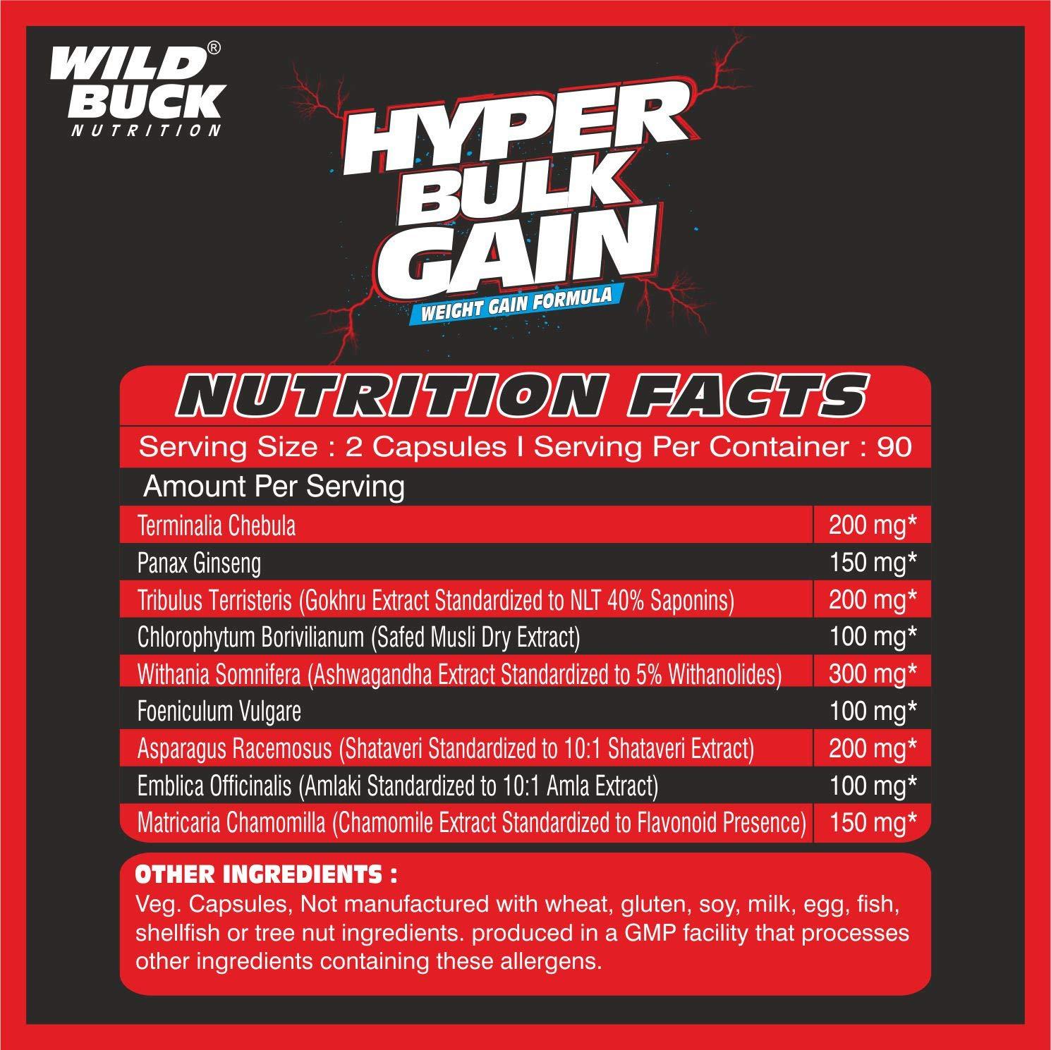 WILD BUCK Wild Buck Hyper Bulk Gain Mass & Weight Gainer Capsule for Fast Weight & Muscle Gain, Daily Muscle Building Weight Lifters Supplement for Muscle Growth, Stamina & Strength, For Men & Women- 90 Cap.