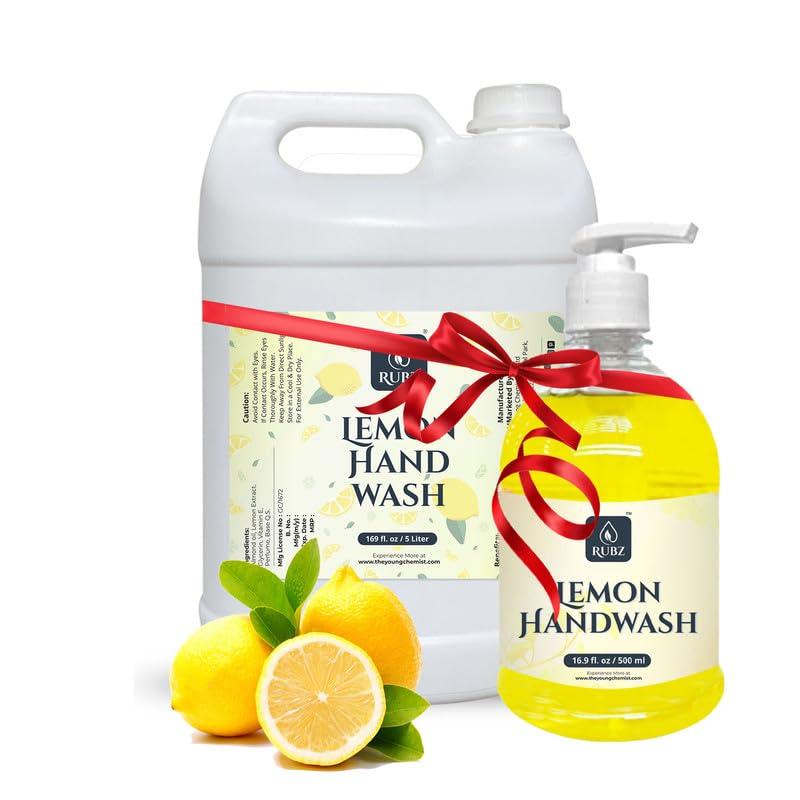 Rubz Rubz Lemon Handwash Refill Pack 5 Litre with 500ml bottle | Paraben Free Liquid Gel | Complete Protection for Soft Hands | Best for Hotel, Spa, Salon, Family, Gym | Total 5.5 Litre