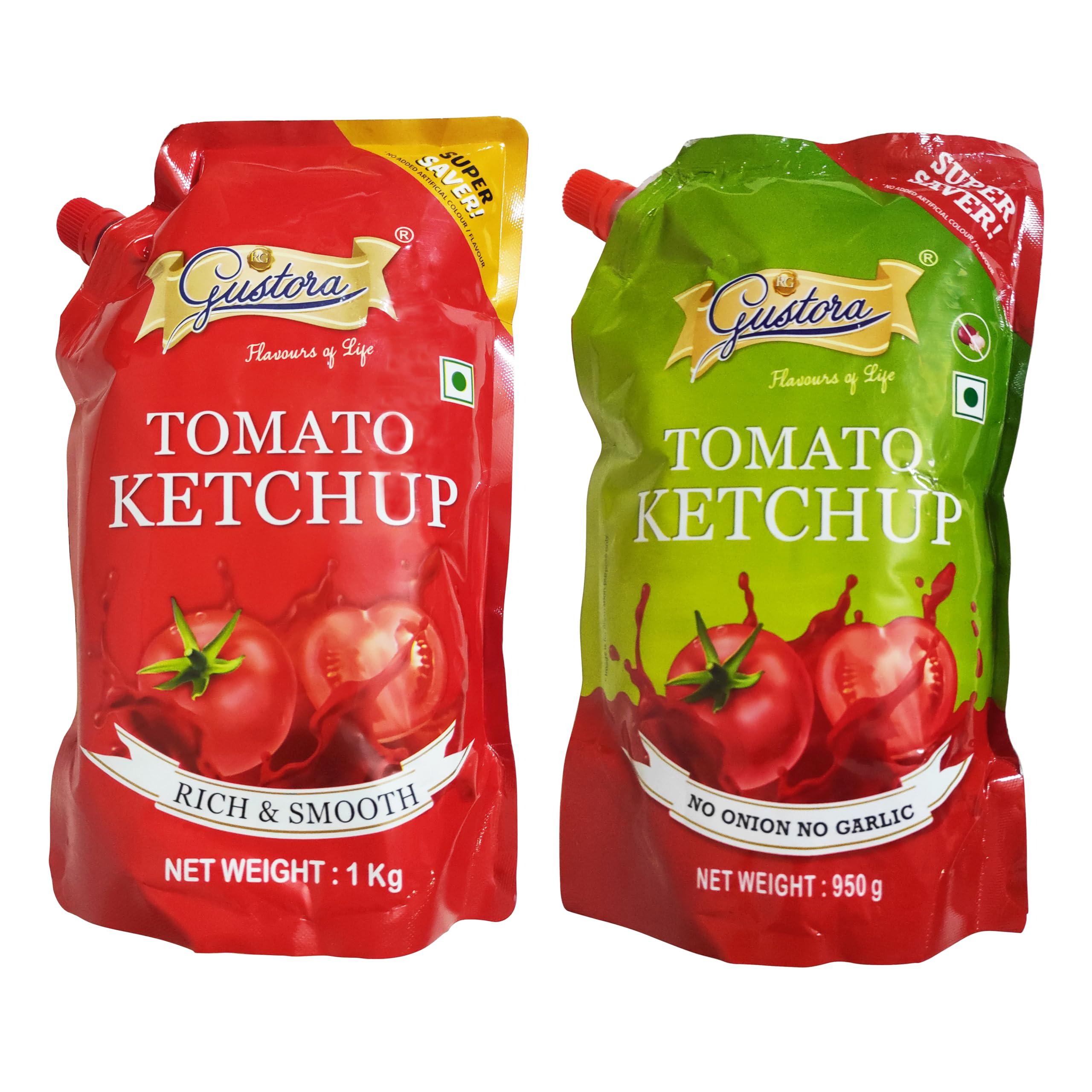 Gustora Gustora Real & Natural Tomato Ketchup I Super Saver Combo I Rich & Smooth I Vegetarian I No Onion No Garlic Jain Tomato Ketchup (950 gm) I No Preservatives & Artificial Color (1.95 Kg)