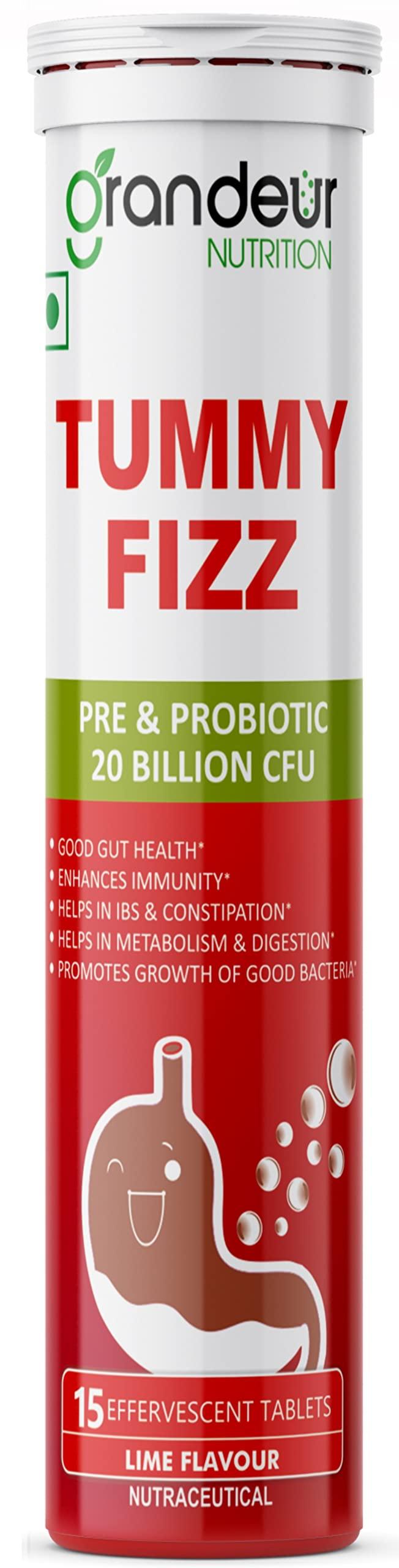 GRANDEUR Grandeur Tummy Fizz Prebiotic And Probiotic Supplement For Gut Health, Digestion, Bloating, Immunity and Metabolism | With 20 Billion CFU & 6 Unique Strains | 15 Effervescent Tabs |