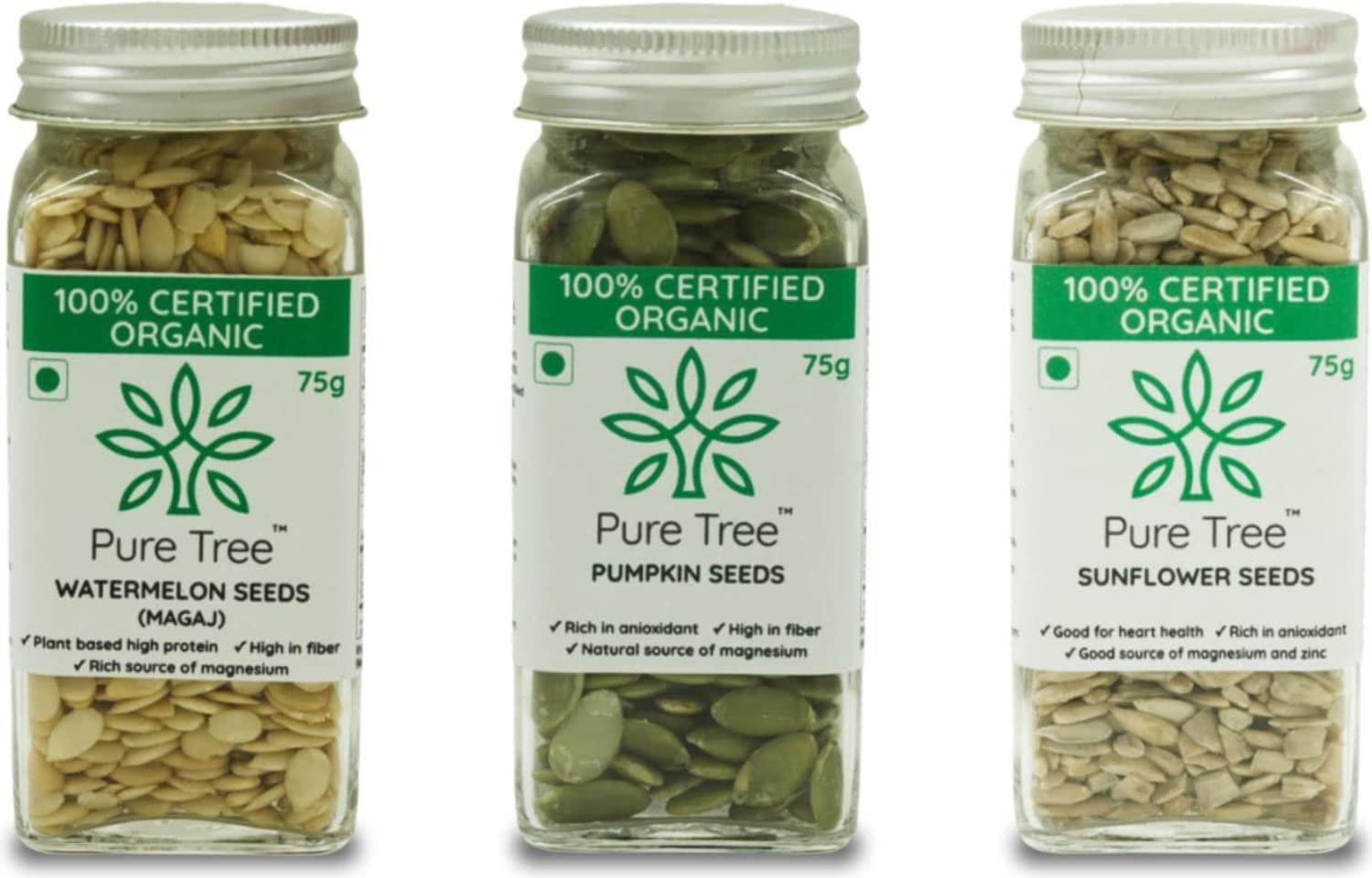 Pure Tree Pure Tree Certified Organic Pumpkin Seeds, Sunflower Seeds, Watermelon Seeds | 75 g Each | Glass Jar | Surajmukhi ke beej, Magaj Seeds, Kaddu Ke Beej, Mix Seeds For Eating | Raw Healthy Seeds Combo Pack