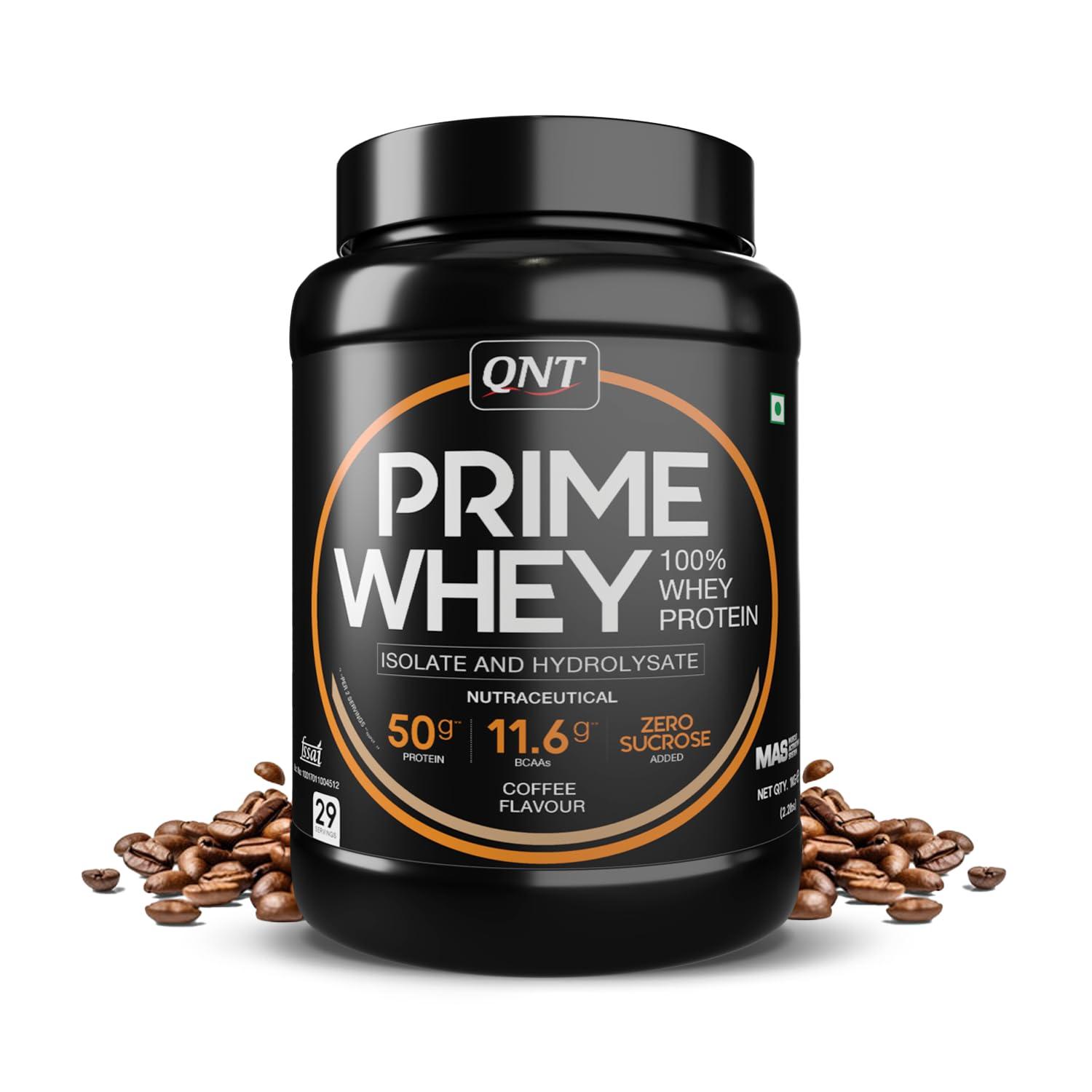 QNT QNT Prime Whey Protein Powder | Coffee, 1Kg | Triple Blend of Whey Protein Isolate, Concentrate & hydrolysate | 25g Whey Protein for Muscle Building | 5.8g BCAA for Muscle Recovery