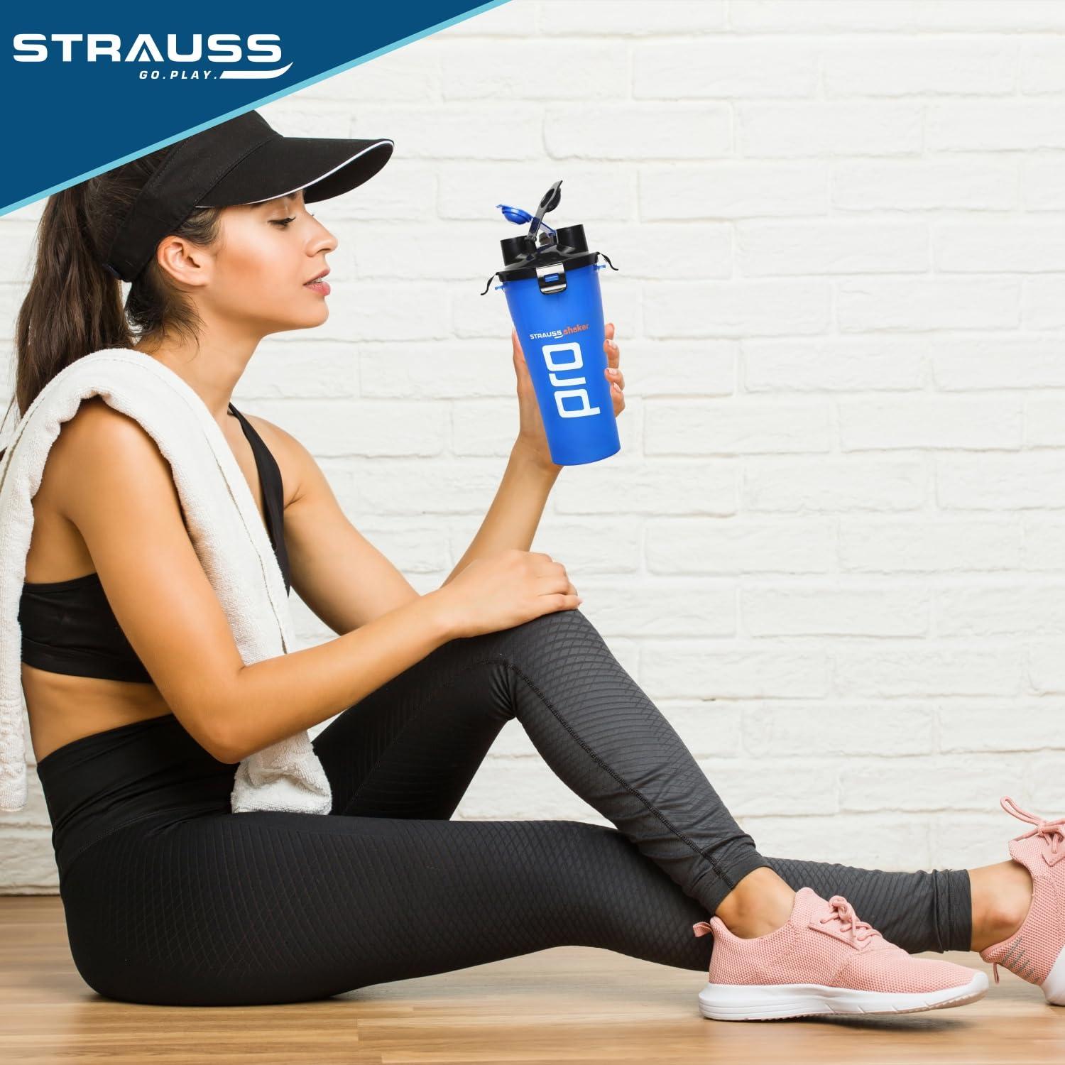 STRAUSS STRAUSS Dual Shaker Pro | Pre & Post Protein Shake On the Go | Leakproof and BPA-Free Material | Dual Shaker Bottle | Protein Shaker Bottle for Gym | Suitable for Both Men and Women, 700ml,(Blue)