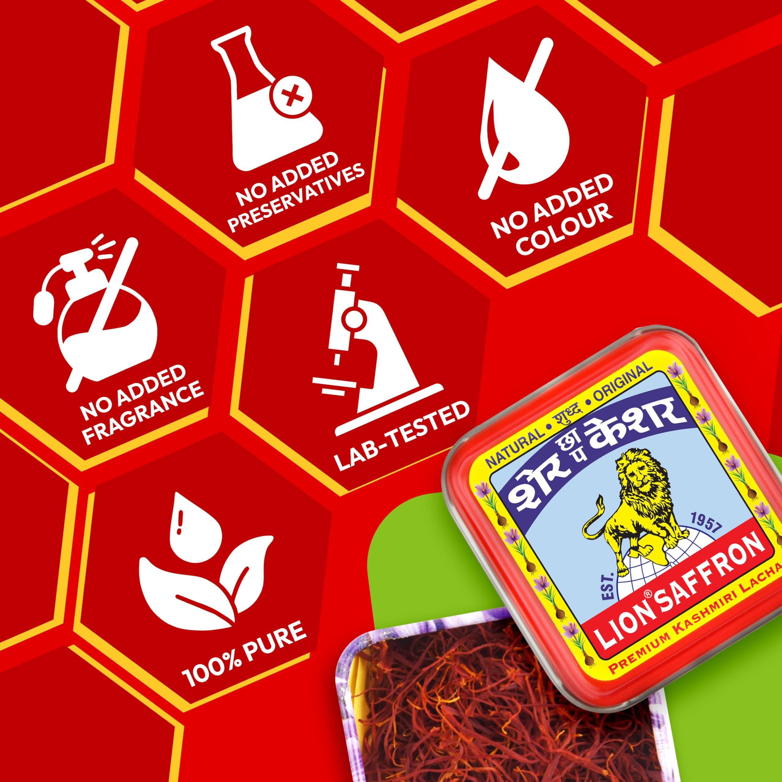 LION BRAND SAFFRON Lion Brand Saffron,2g, Original Kashmir Lacha Saffron/Kesar/Keshar (Certified Grade A) for Biryani, Beauty, Improved Health and Tilak (VALUE PACK OF 2gm (2X1gram = 2grams))