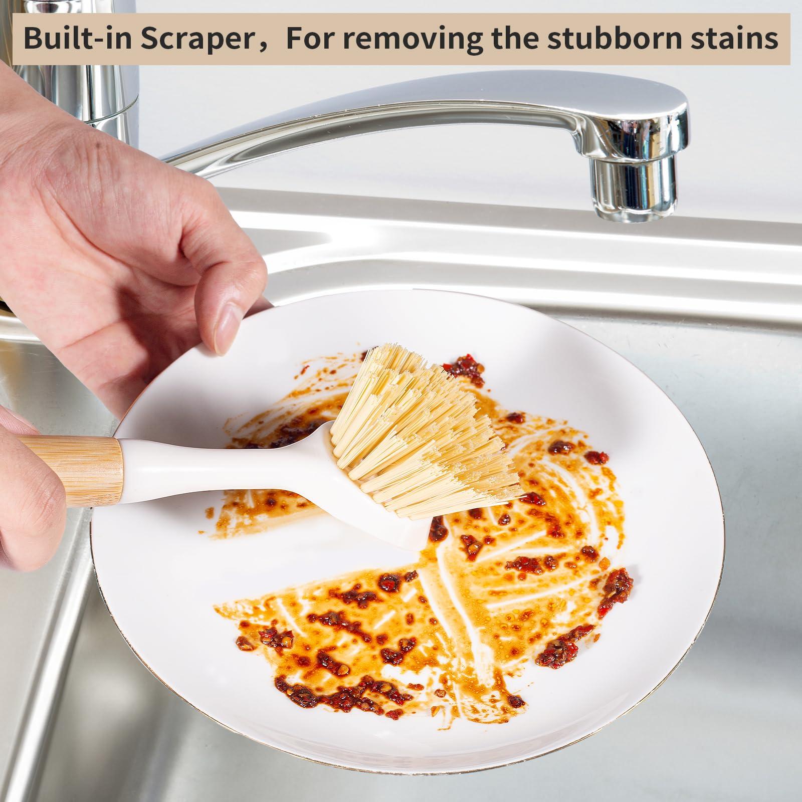 TEZZ 2 Pack Kitchen Dish Brushes with Bamboo Handle, Dish Scrubber Built-in Scraper, Scrub Brush for Pans, Pots, Counter & Kitchen Sink Cleaning, Dishwashing and Cleaning, Perfect Cleaning Tools, White