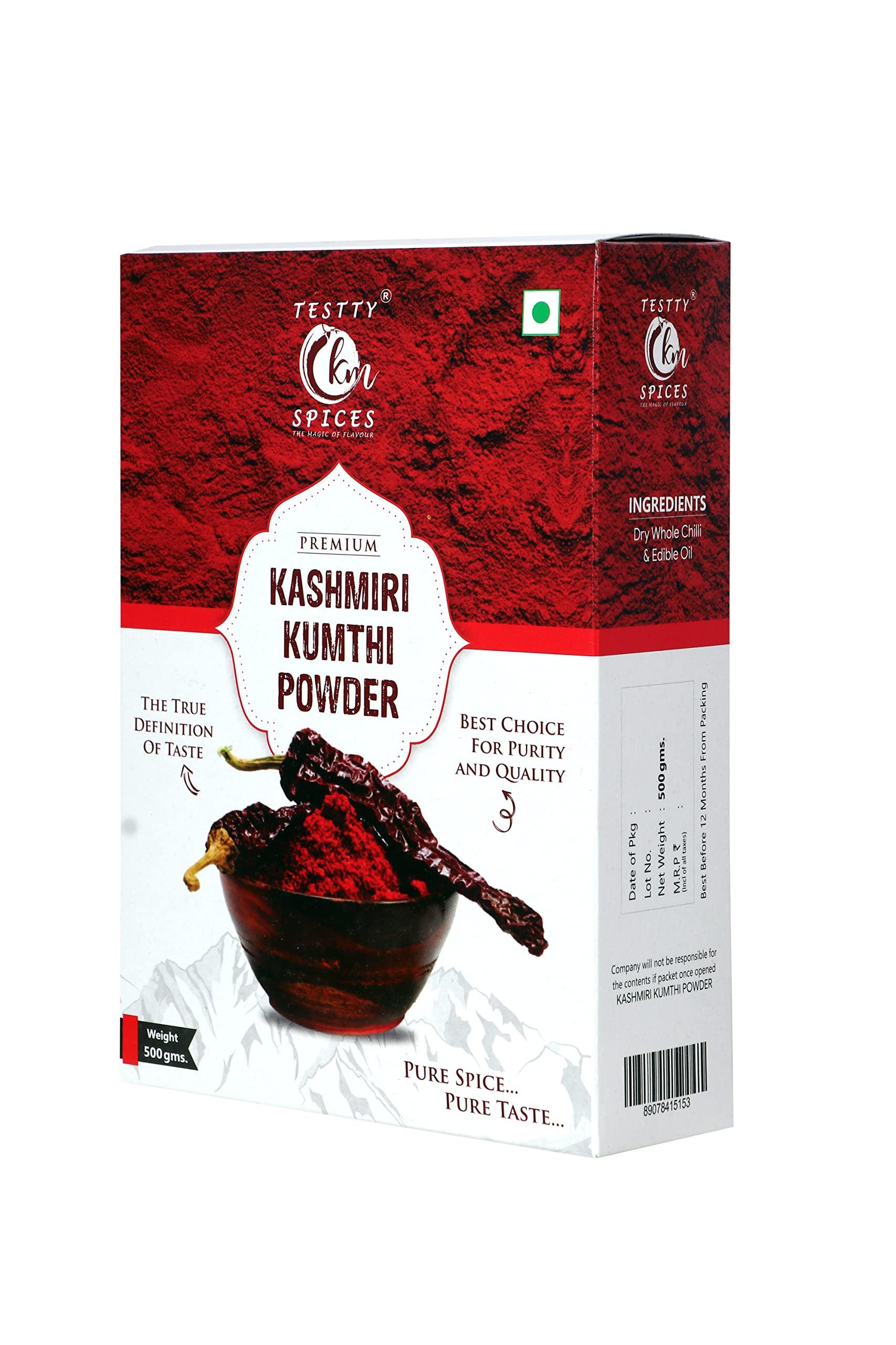 TESTTY km SPICES TESTTY km SPICES KASHMIRI CHILLI POWDER/KUMTHI CHILLI POWDER WITHOUT PRESERVATIVE,NO ADDED COLOR 500 gm
