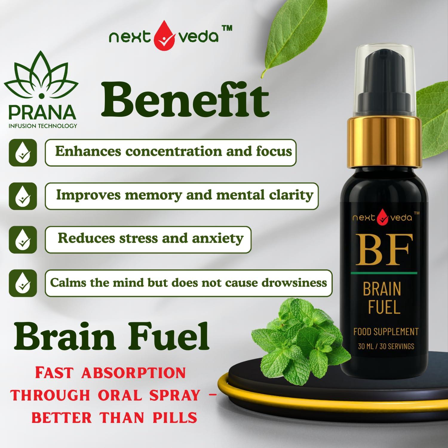 next veda Nextveda Ayurvedic Brain Fuel Food Supplement Spray Concentration (30ml) | Prana Infusion Technology Made Natural Oral Spray For Enhanced Focus | Memory Retention