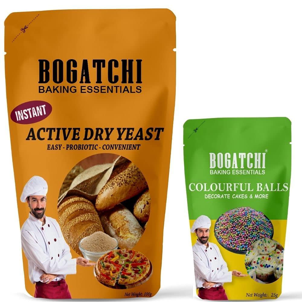 BOGATCHI BOGATCHI Active Dry Yeast and Color Balls Edible Balls Combo, Instant Dry Yeast for fermentation, 100g + Colorful Balls for Decoration, 25g