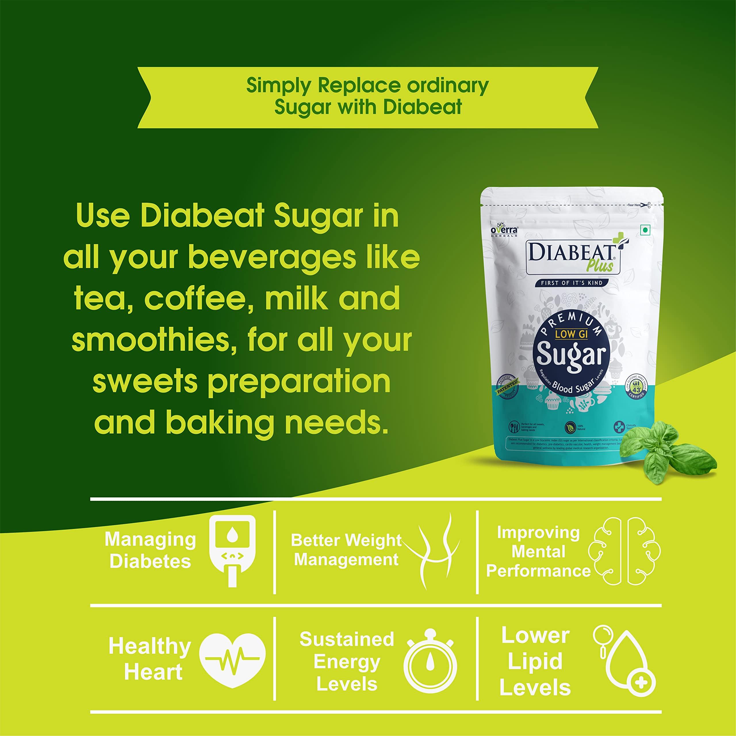 OVERRA HERBALS Overra Herbals Diabeat Plus Diabetic Friendly Herbal Cane Sugar - Free from Chemical Artificial Sweeteners  Natural Substitute Without Side Effects  Very Safe, Gluten Free Low Glycemic Index (GI)  500 g Zipper Lock Pouch (Pack of 1)