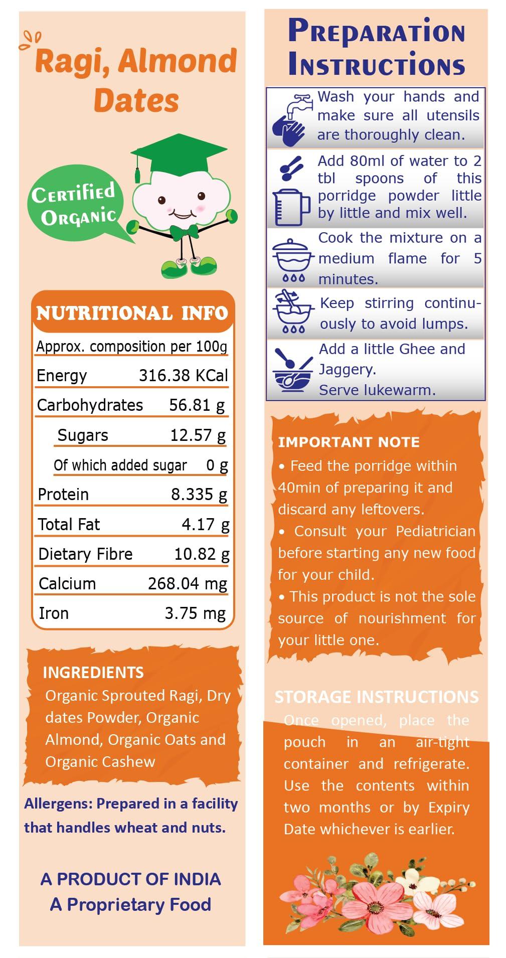 Happy Tumms Happy Tumms Organic Sprouted Ragi Almond Dates Porridge Mix | NO HIDDEN SUGAR | Made of Sprouted Ragi Powder for baby | Sprouted Ragi for Calcium, Iron | Real Food No Chemicals | Available in Trial Baby Packs too | Shelf-life 9 month | 200g