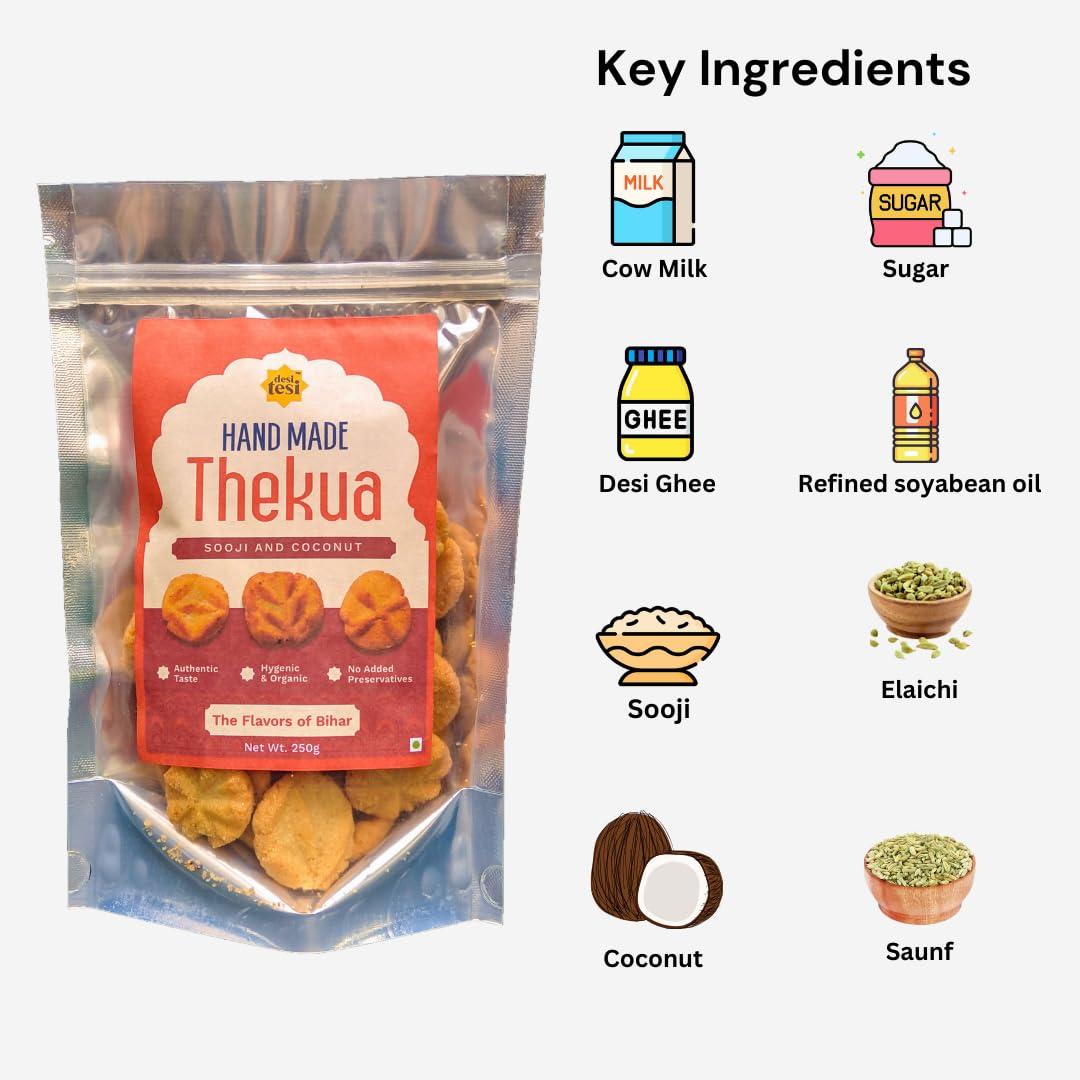 desi tesi Desi Tesi Thekua - Preservative-Free, Coconut & Sooji Snack | Authentic Indian Taste | Celebrate Bihar\'s Culinary Heritage | 250g (Pack of 3)