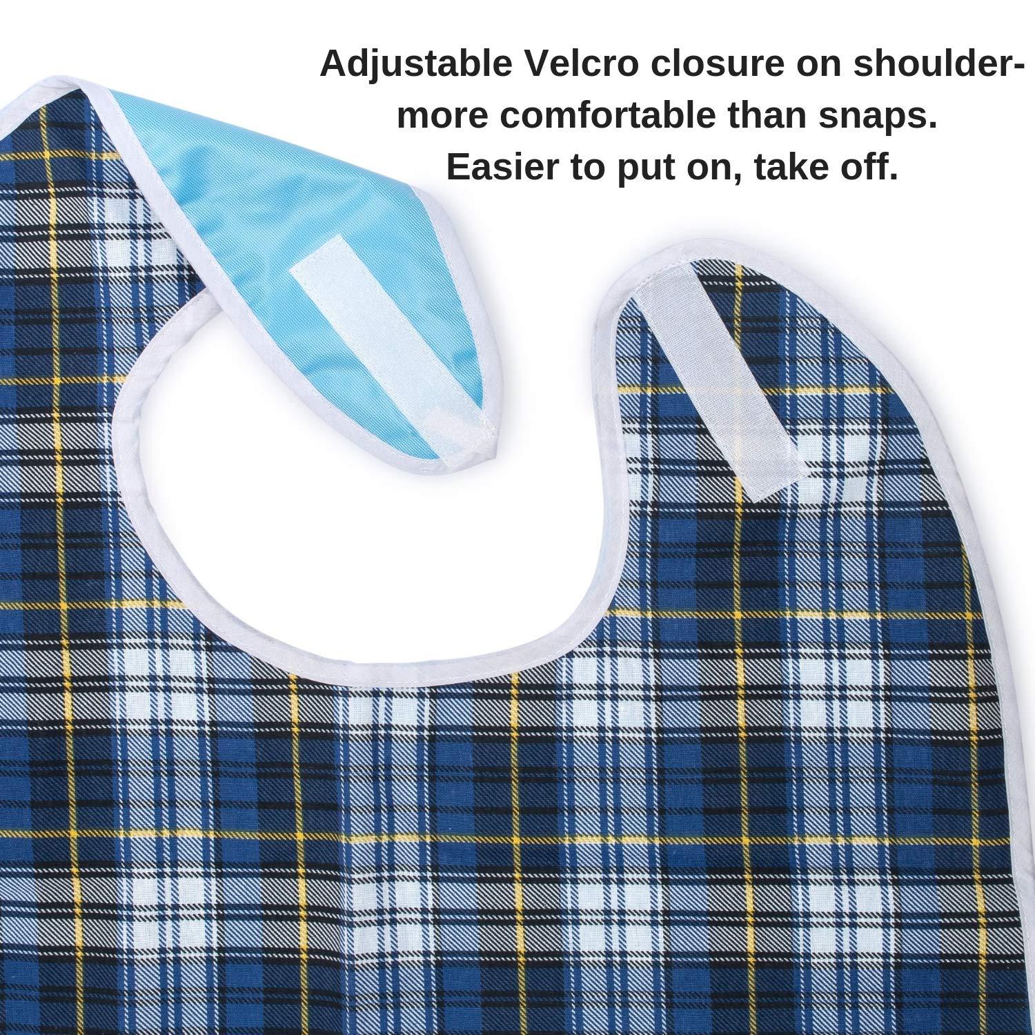 Shorewood Medical Adult Bib for Eating, Waterproof Clothing Protector with Crumb Catcher. Machine Washable, (Blue Plaid)