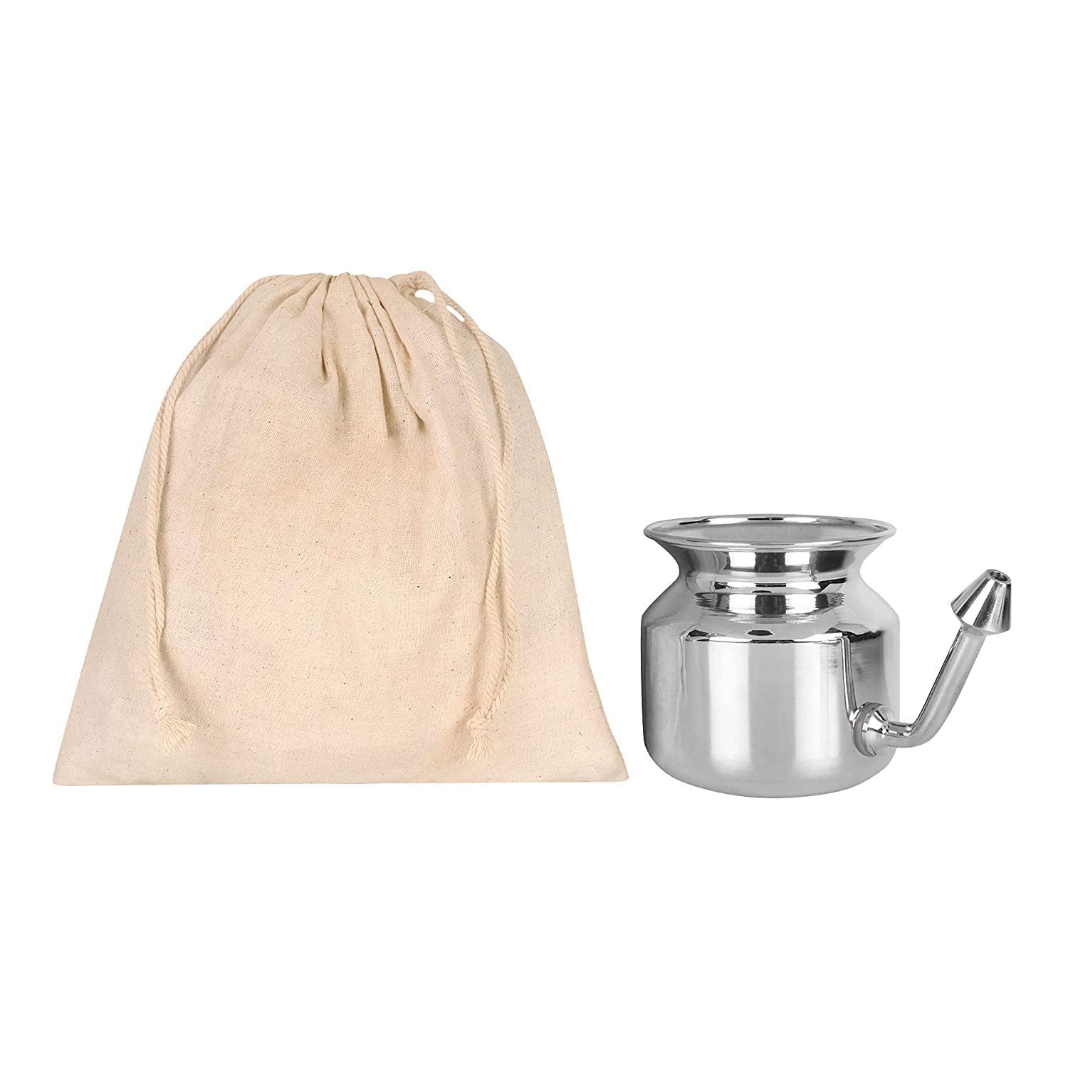 WITSOUL Jal Neti Pot for Sinus Congestion and Nasal Cleansing Nasal Cleansing Non-Corrosive Unbreakable Hygienic Smooth Nose Tip Snugly Fits Any Nostril with Cleaning Brush (stainless steel (silver))