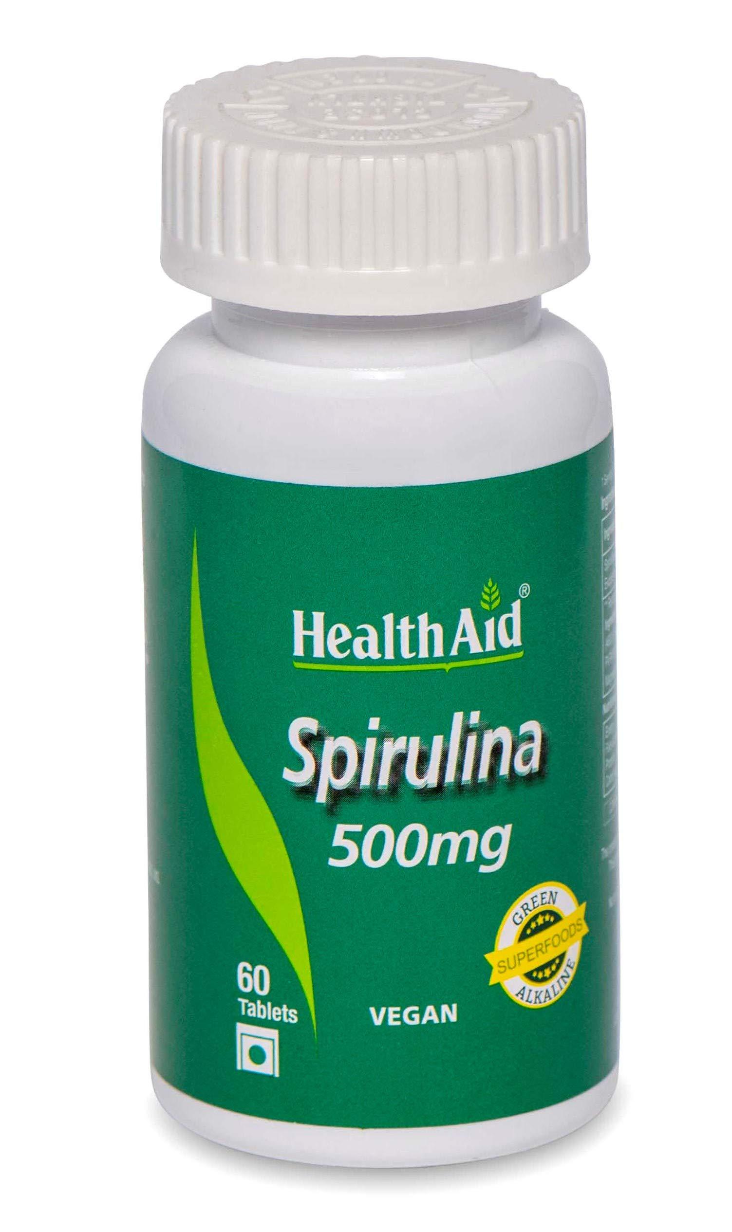 Health Aid HealthAid Spirulina 500mg - 60 Veg. Tablets |Nutritional Supplement for Men and Women | Rich in Proteins, Vitamins, Antioxidants | Supports Immune System, Energy, Detox | Promotes Overall Well-being