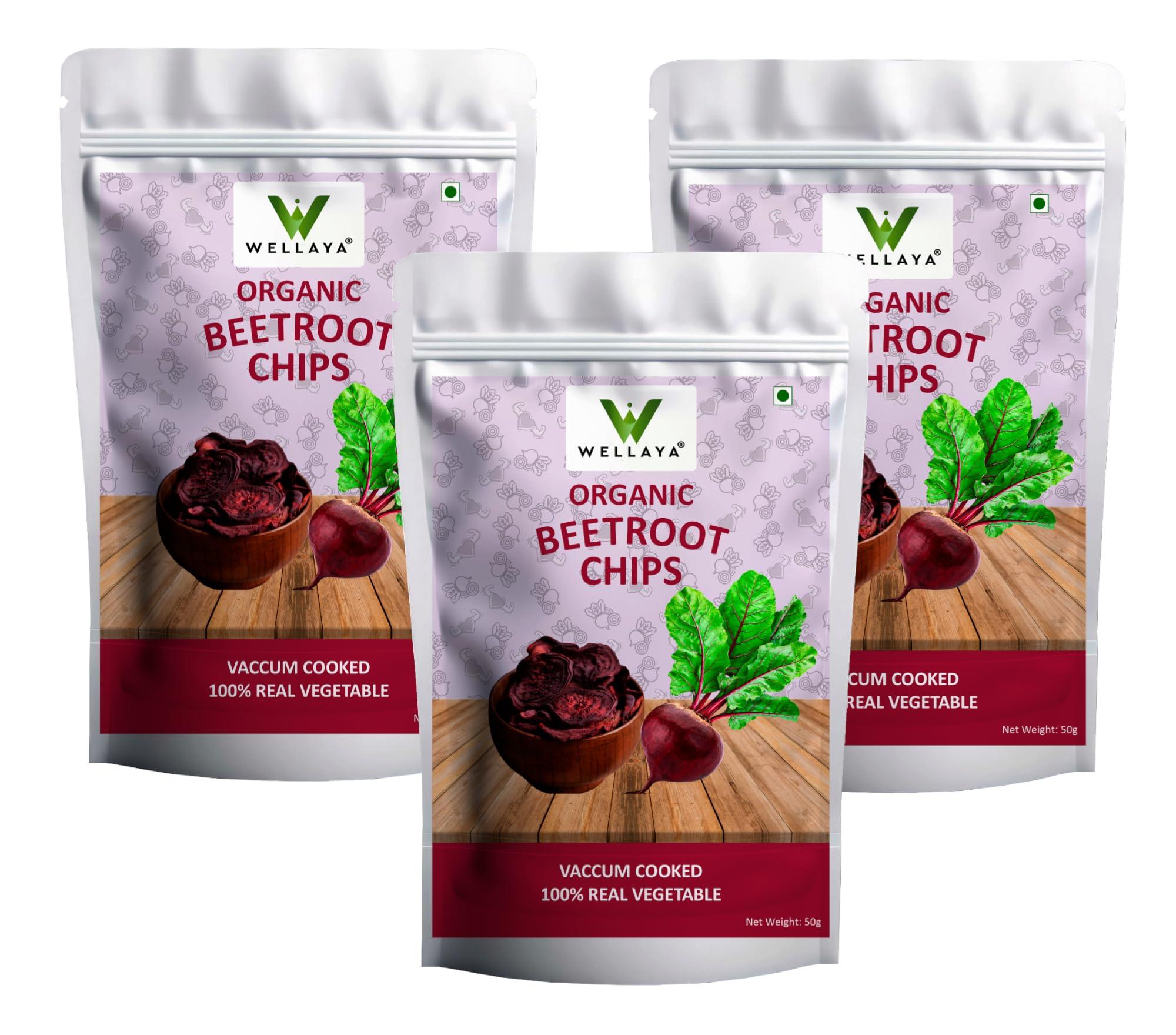 WELLAYA Wellaya Beetroot Chips | 150g | Vacuum Cooked |Gluten Free | Vegan Friendly Snack | No Artificial Flavour | Real Vegetable Chips | Crispy & Healthy (Pack of 3x50g)