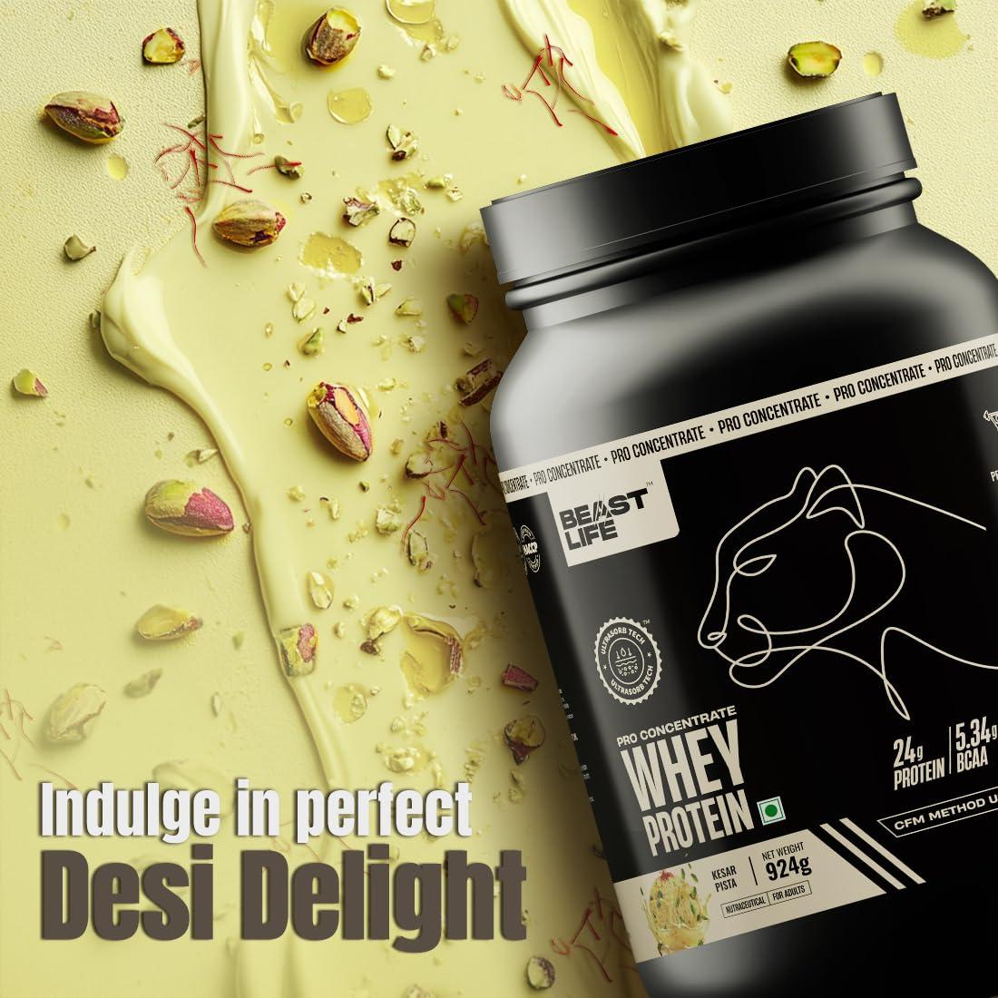 BEASTLIFE BeastLife Whey Protein Powder Kesar Pista With Ultrasorb Tech 924g,24G Protein,5.3G Bcaa,Sports Nutrition|High Absorbtion Fuels Muscle|Speed Recovery For Men & Women(27 Serving (Pack of 1), Kesar Pista)