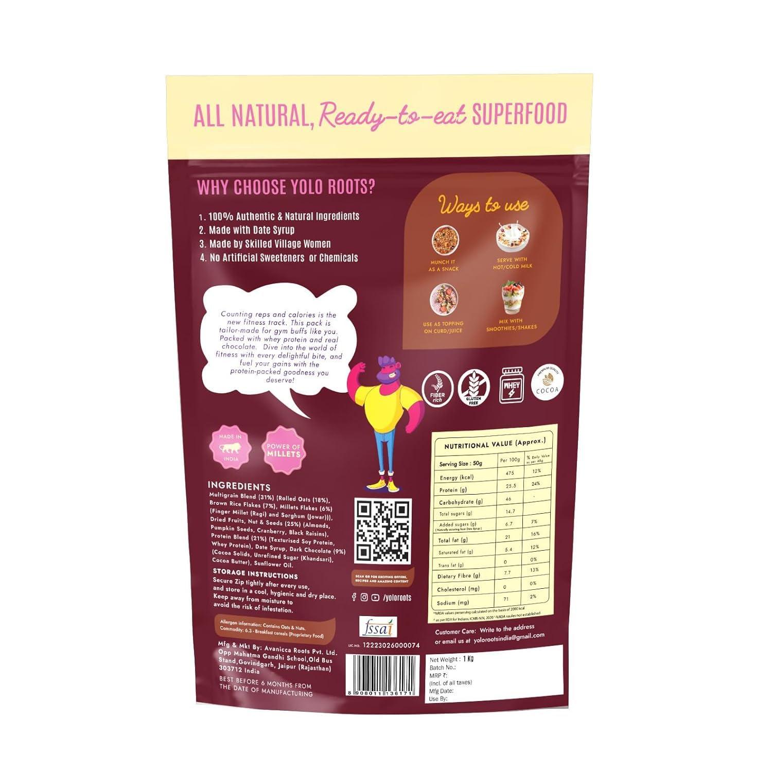 Yolo Roots Yolo Roots High Protein Dark Chocolate Muesli 1 Kg | India\'s 1st 25gm Protein per 100gm Muesli with Premium Whey Protein, 25% Almond, Pumpkin & Cranberry | No Added Refined Sugar | Made in Date Syrup