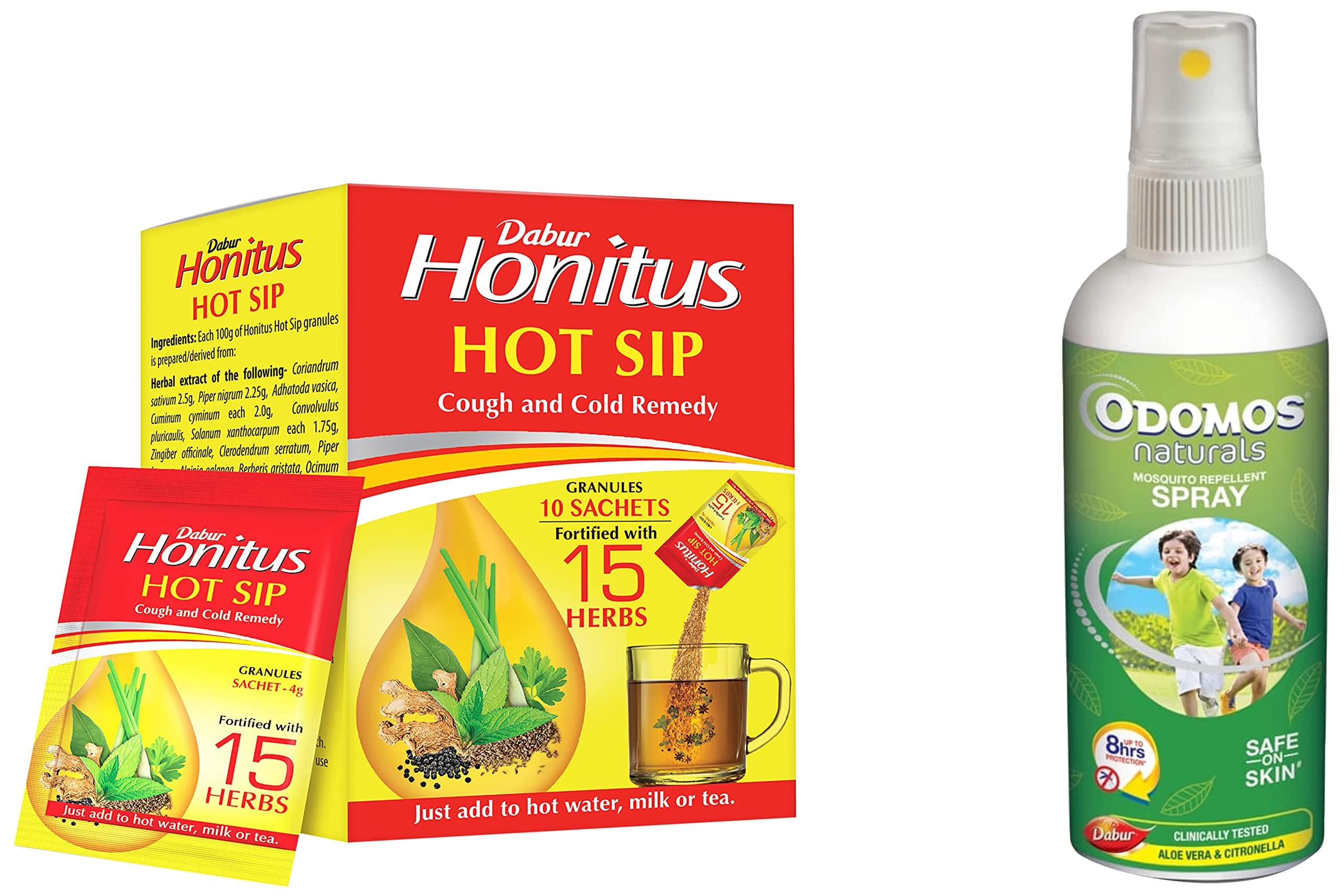 OxyLife Dabur Honitus Hot Sip: 100% Ayurvedic Kadha | Provides Instant Relief from Cough and Cold (4gm*Pack of 30 Sachets) & Dabur Odomos Narurals Mosquito Repellant Spray - 100 Ml