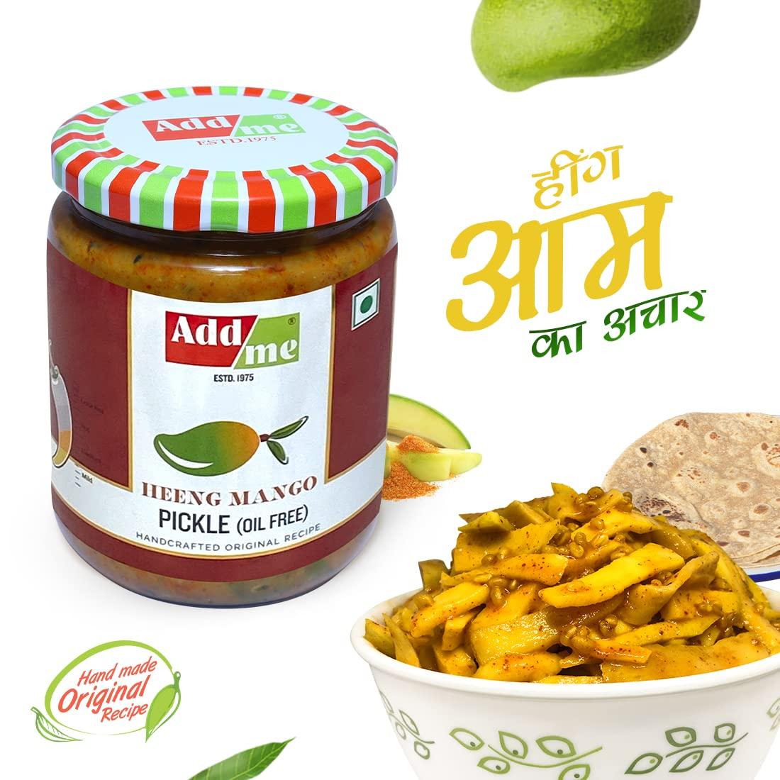 Add me Add me Hing achar Mango Pickle 1Kg Without Oil. heeng aam ka Pickles 2 x 500gm Glass Pack