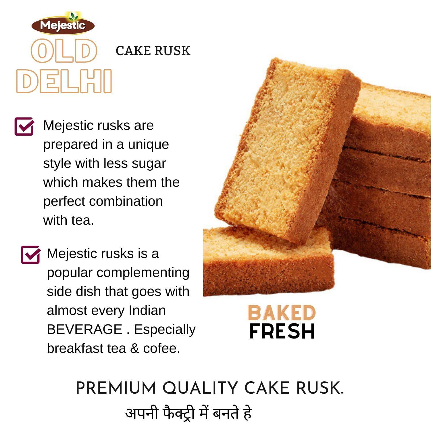 Mejestic Mejestic Cake Rusk 350 gm, Pack of 2, Fresh, Crispy, Crunchy and Handmade, Baked in Old Delhis Famous Bakery, Milky Rusk toast for Breakfast and Evening Tea Snacks, Contains Eggs for great taste