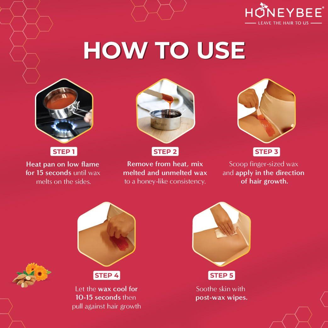 HoneyBee HoneyBee Stripless Katori Wax For Face|Pan Wax With Handle For Face, Upper Lip, Chin, Jaw, Underarms, Bikini And Brazilian|For All Skin Type|No-Strip Wax At Home|Post Wax Wipes|Spatula|120 Gm, Women