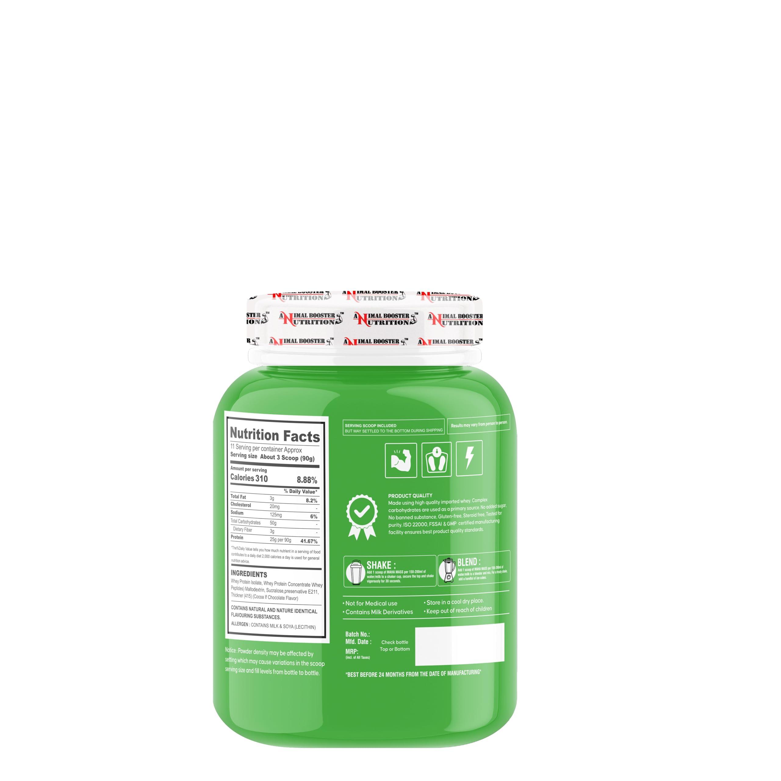 ANIMAL BOOSTER NUTRITION Animal Booster Nutrition Maha Mass Gainer, 25 Gram Of Protein in 90gm of Serving Helps in Gain Weight, Build Muscle & Fuel Energy (Mango Flavor) (11Servings/1KG)