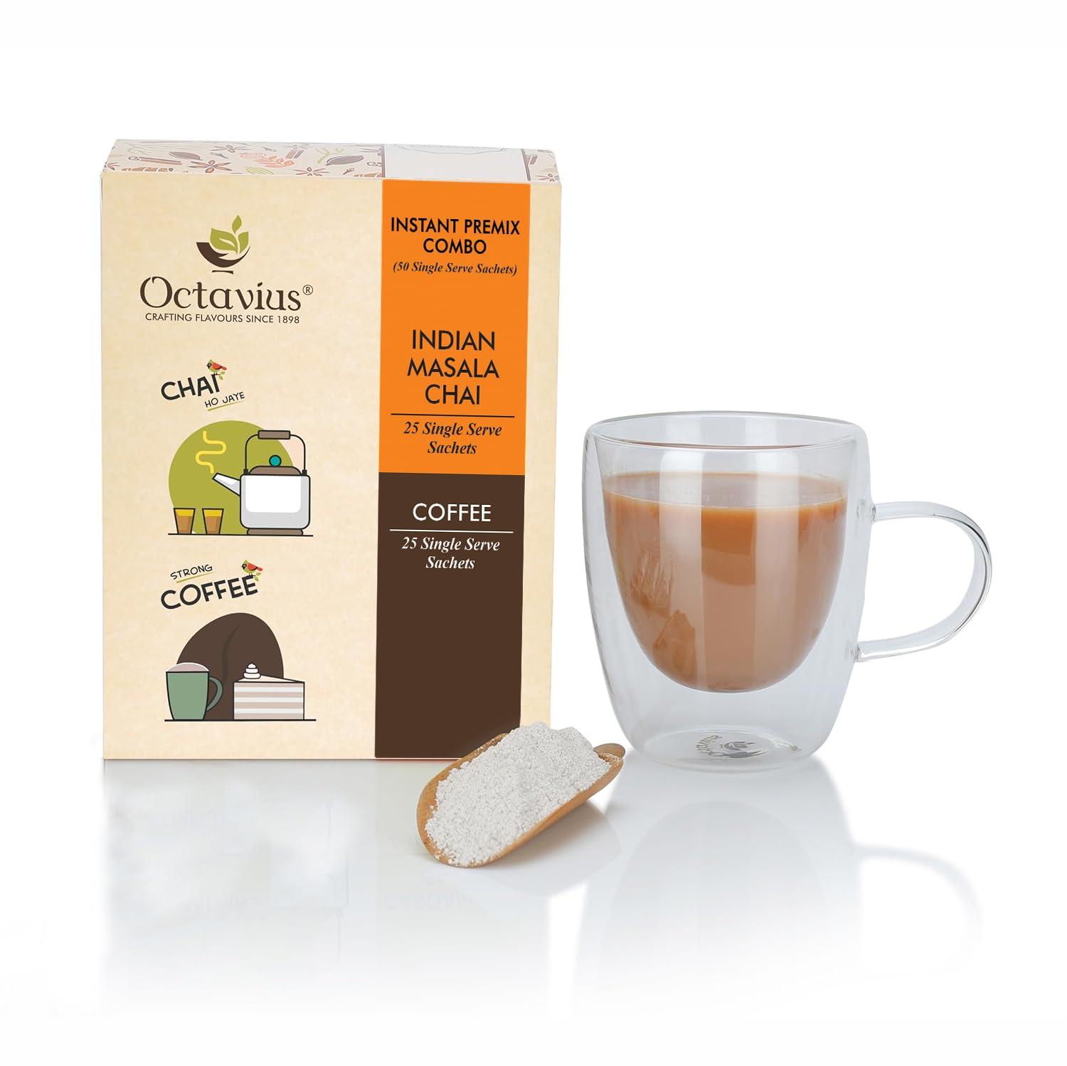 Octavius Octavius | Indian Masala & Coffee 2 in 1 Premix Tea & Coffee -50 Pouches | Economy Pack | Readymade Tea Mix | Ready Tea & Coffee | Premix Tea Powder | Instant Tea | Tea Premix | Economy Pack -(15Gm X 50 Sachets)