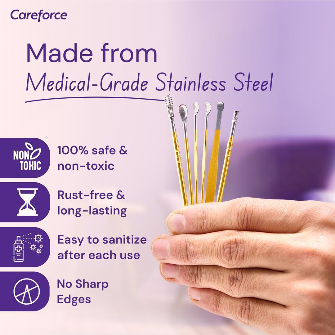 Careforce - The Force Behind Your Health Careforce - The Force Behind Your Health Ear Cleaning Kit Steel Ear Cleaner Reusable Ear Wax Remover Tool Kit Set With Storage Pack, Ear Curette Cleaner And Spring Ear Buds Cleaner 6 Pcs Set Yellow