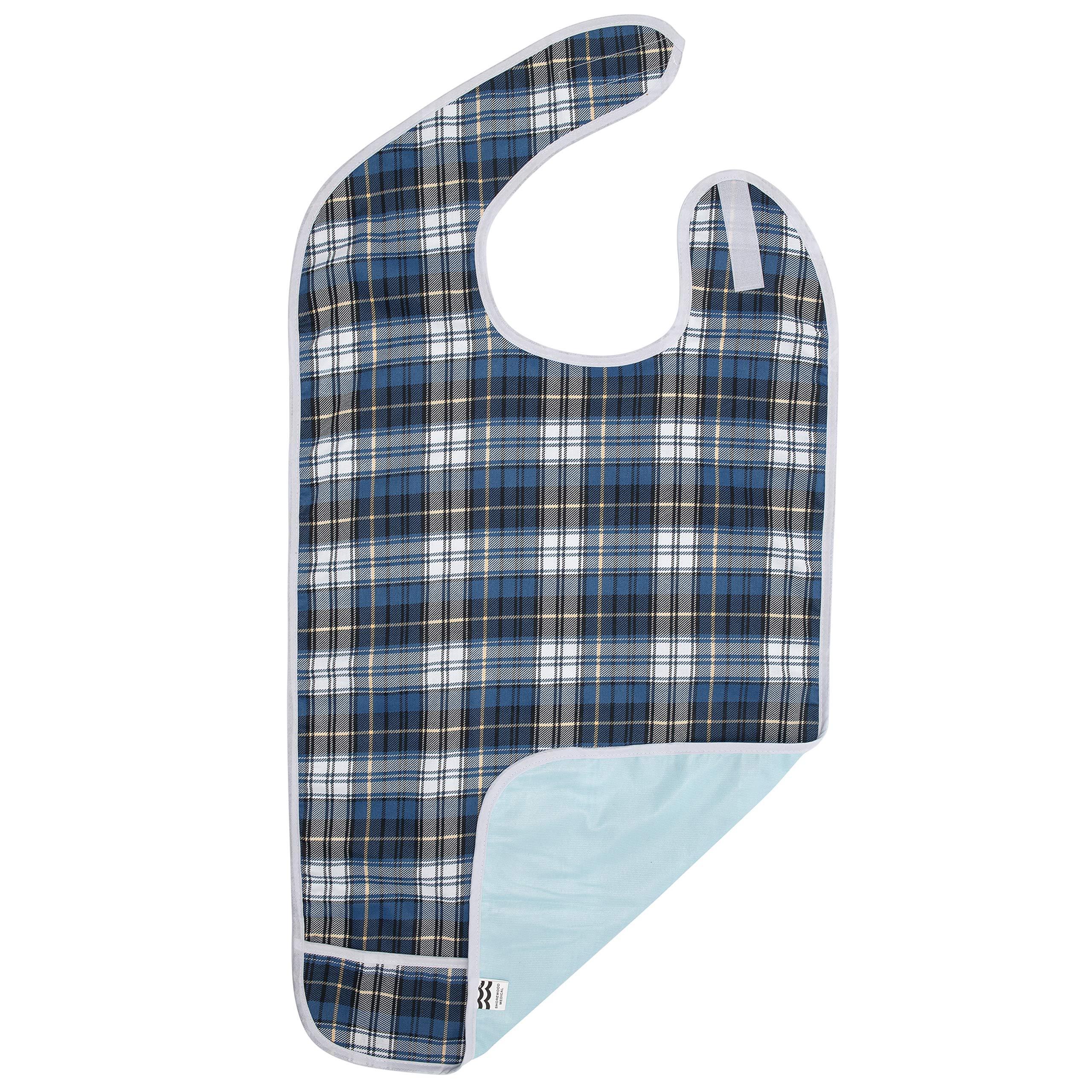 Shorewood Medical Adult Bib for Eating, Waterproof Clothing Protector with Crumb Catcher. Machine Washable, (Blue Plaid)