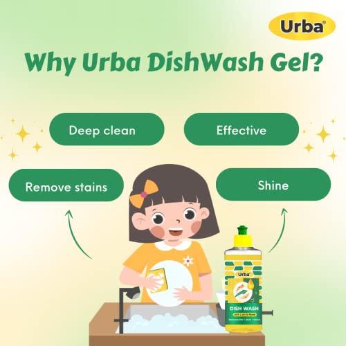 URBA Urba Dish Wash Gel with Lime and Neem 500ml | Removes Dirt+ Stain+ Odour |Plant Based | Biodegradable, Non-Toxic, Eco-friendly | Baby & Pet safe | Non-Corrosive, Skin friendly Dishwashing Gel