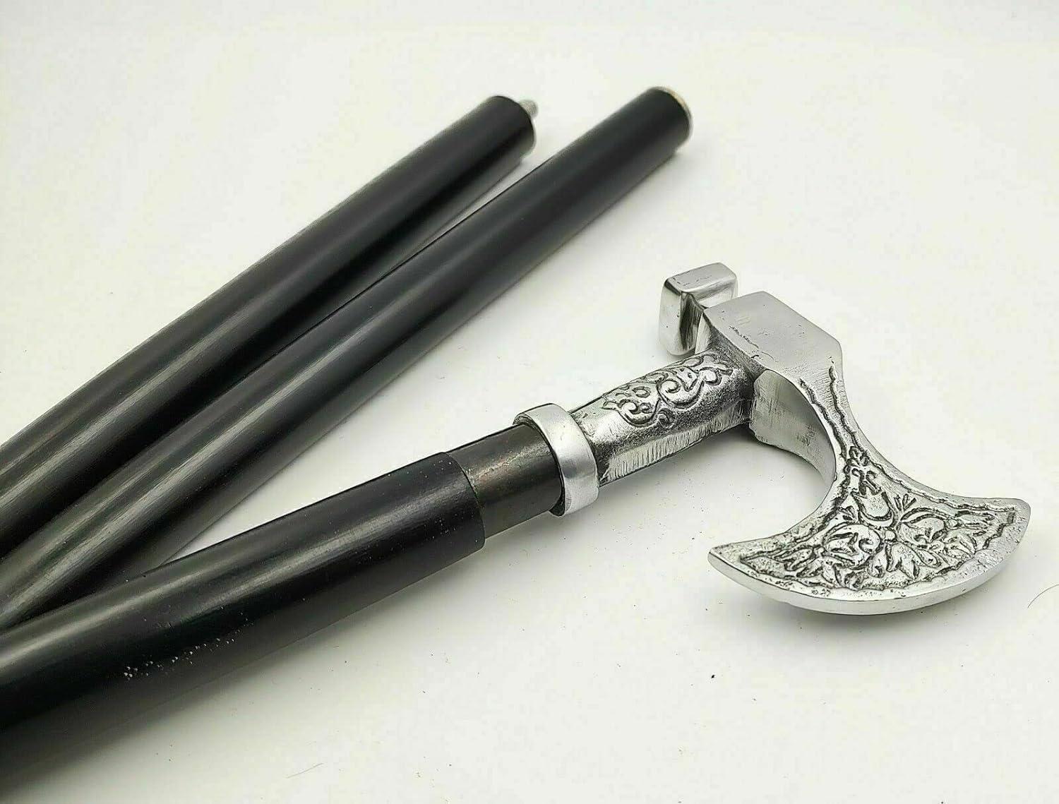 NavaFresh Basics X N Cross Vintage Walking Stick Cane Brass Axe Head Wooden Black Plain Walking Cane Sitck Antique Walking Stick