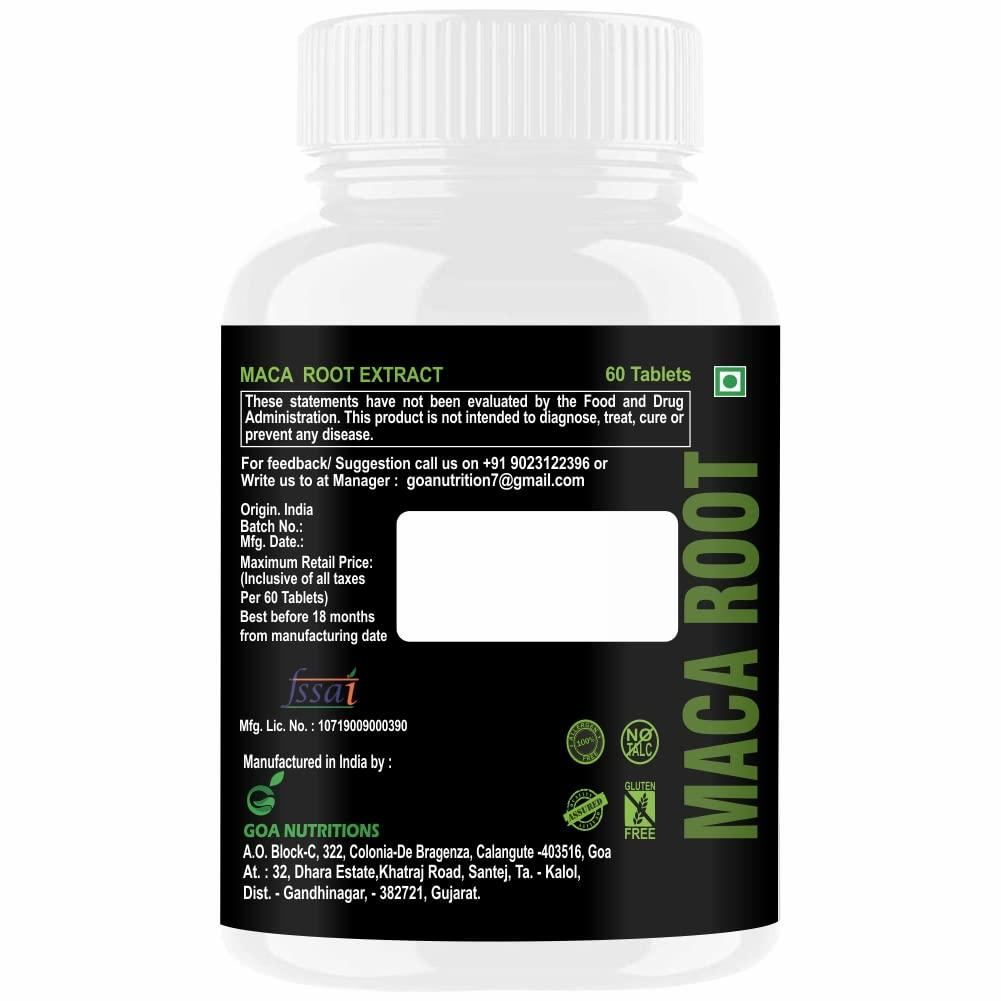 GOA NUTRITIONS GOA NUTRITIONS Maca Root Extract Adaptogen Complex Red, Black and Yellow Grade, As Dietary Supplement, No Sugar, Preservatives, And Talc -60 Tablets (Pack 1)