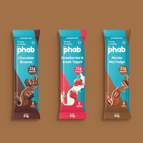 Phab Phab Assorted (Chocolate Brownie, Mocha Nut Fudge, Strawberries & Greek Yogurt) 21G Protein Bars (Pack Of 6), Fitness & Immunity With Goodness Of Dates-390 Gram