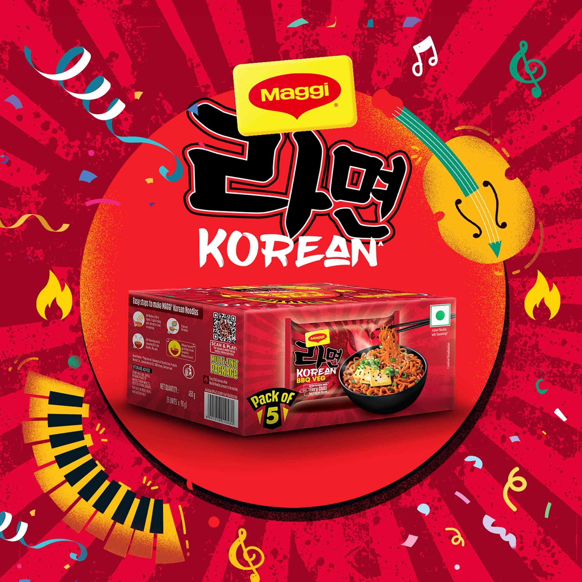 MAGGI MAGGI Korean BBQ Veg Noodles PARTY PACK, Easy to Cook, Instant Noodles With Seasoning, Korean Barbeque Meets Fiery Chilli, 5x90g