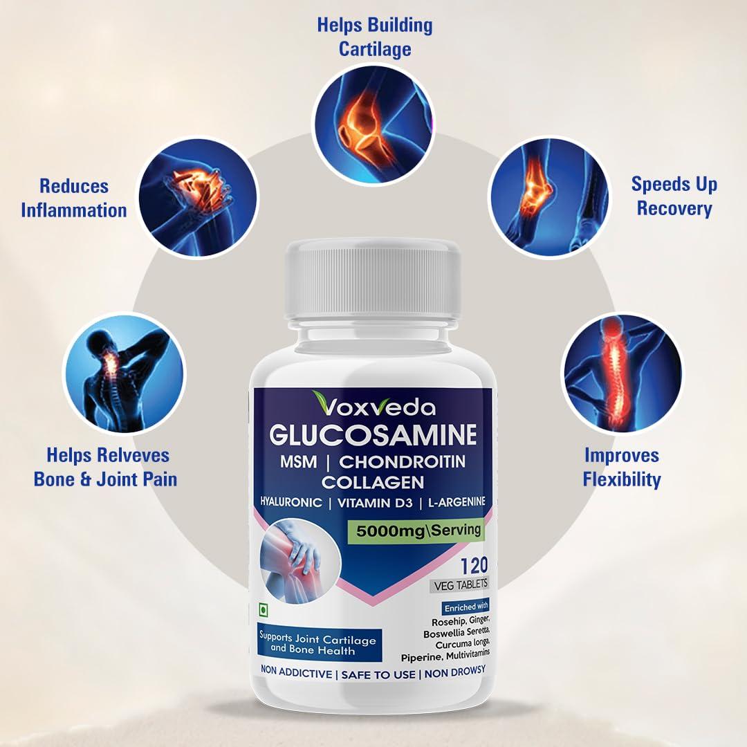Voxveda Voxveda's Glucosamine Tablets - 120 Veg Tablets | Glucosamine Tablets for Joint | Glucosamine Chondroitin MSM - Joint Support Supplement with Vitamins