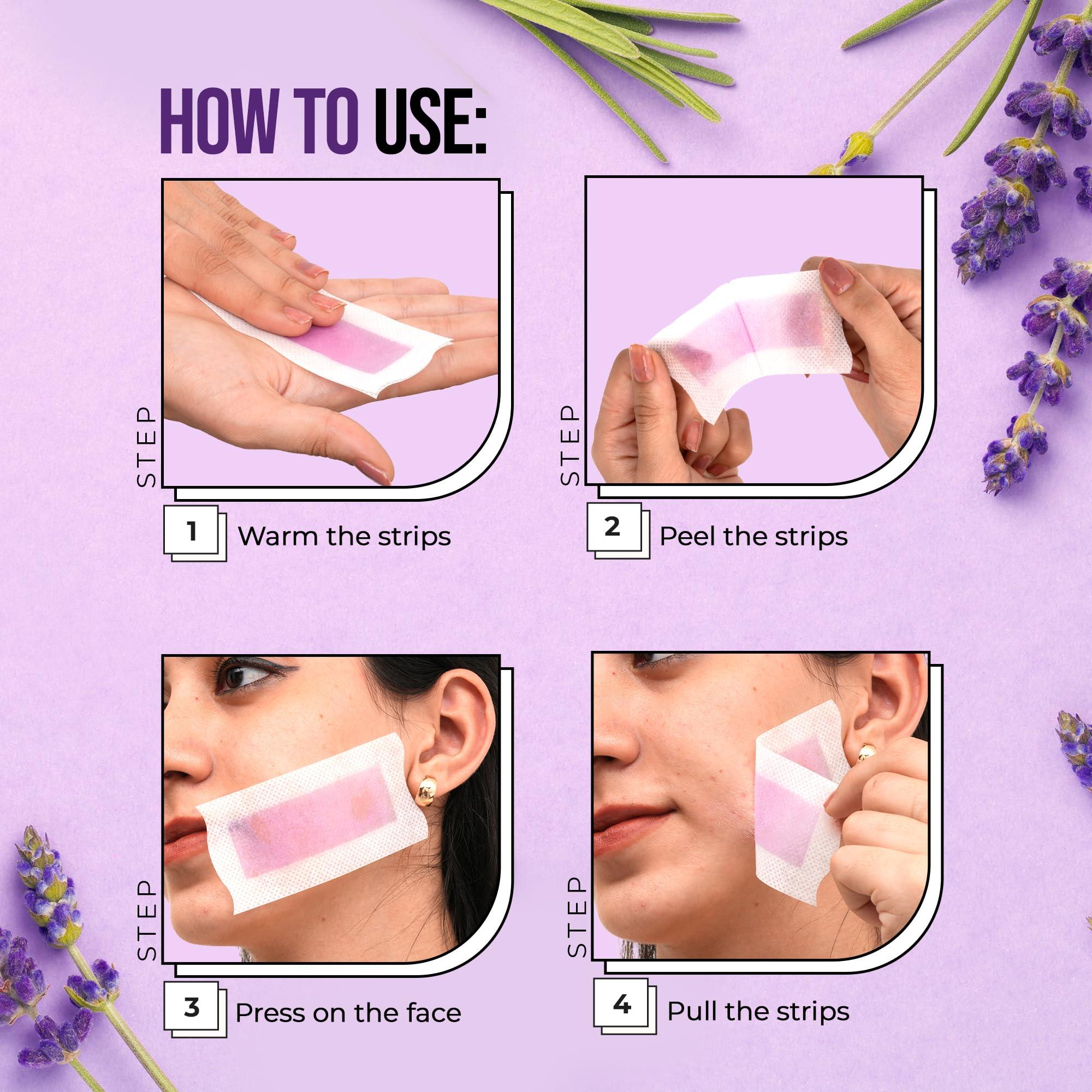 Hilary Rhoda Hilary Rhoda One Go Facial Wax Strips | Ready-To-Use Facial Wax Strips | Face, Cheek, Upper Lip & Chin Facial Wax | Painless Hair Removal | With 2 Finish Wipes | 20 Strips (Lavender)
