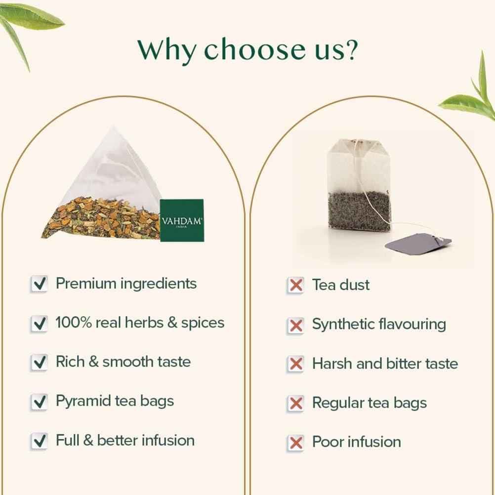 VAHDAM VAHDAM, Vedic Kadha Herbal Tea Bags (15 Count) Caffeine Free, Non-GMO, Gluten-Free | 100% Pure Herbal Tisane - Earthy & Savory | Individually Wrapped Pyramid Tea Bags | Direct from Source