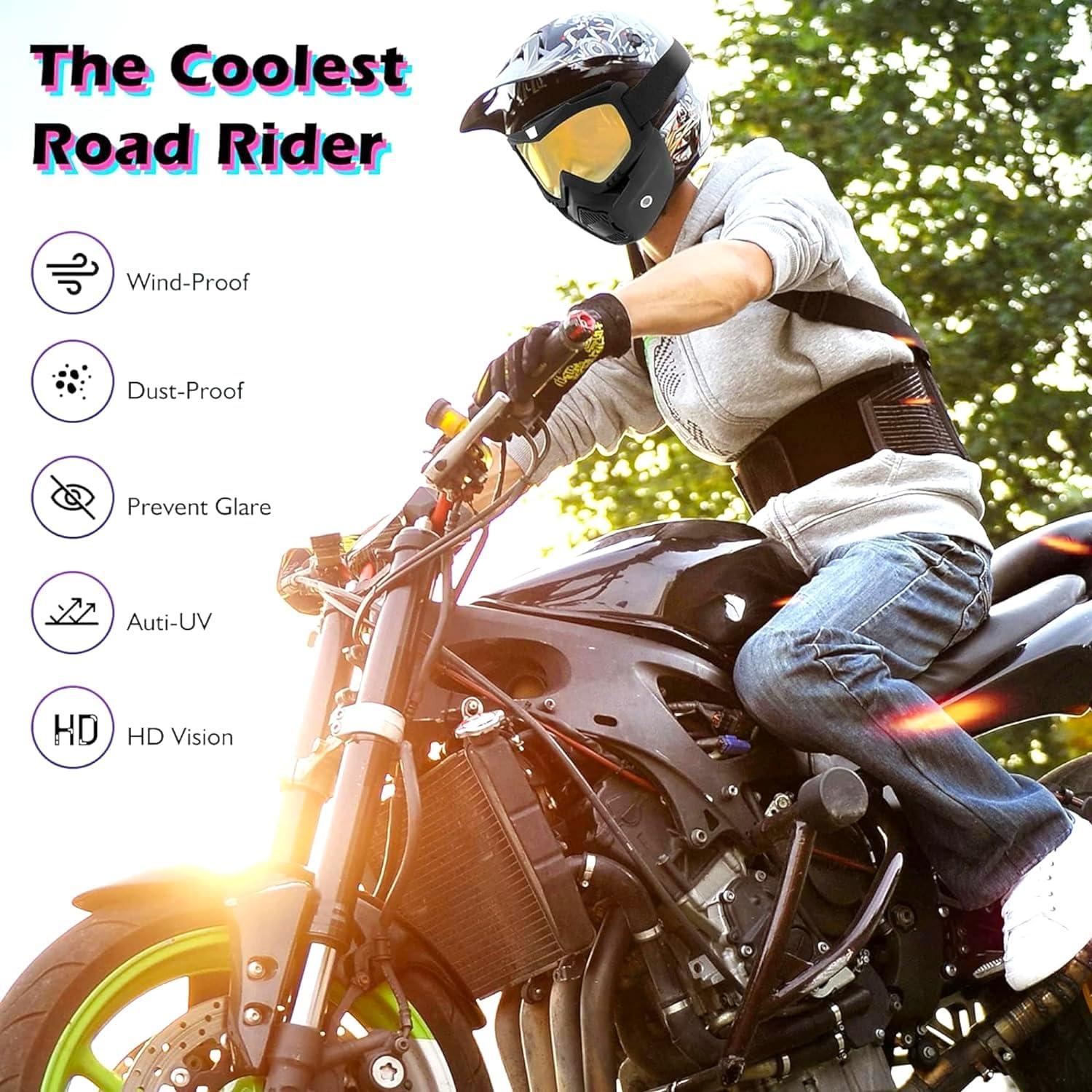 Fariox FARIOX Motocross Bike Riding Goggles Glasses with Face mask Dust Mask with Detachable Motorcycle Oculos Gafas and Mouth Filter for Open Face Vintage Helmets (Yellow)