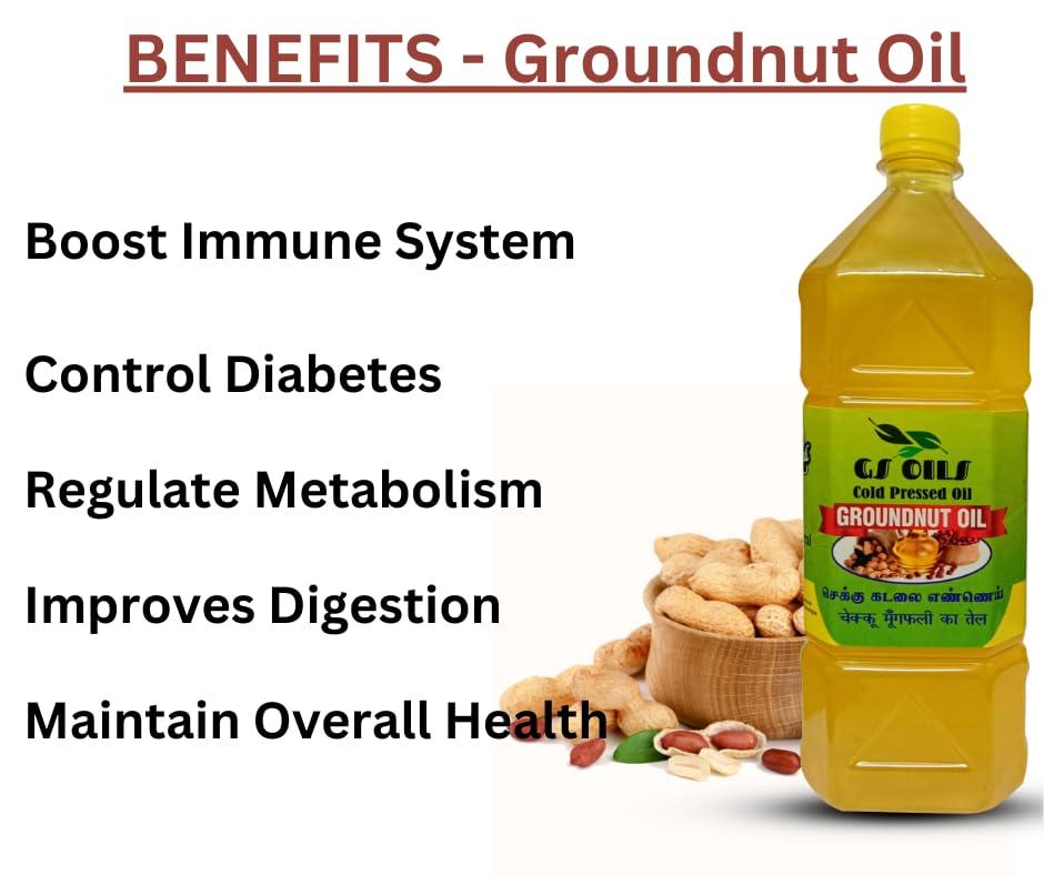GS OILS GS OILS Cold Pressed Peanut Oil for Cooking/Mara Chekku Groundnut Oil/Wood Pressed Peanut Oil/Kadalai Ennai - 4000 ml (4 Litres)