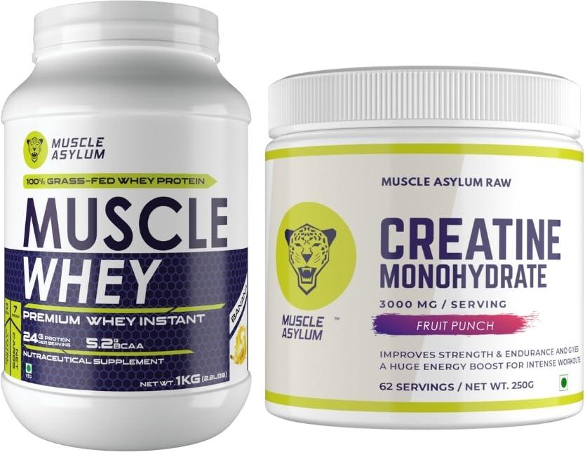 Muscle Asylum Muscle Asylum Premium Whey Protein & Creatine Combo | 25 Servings, 1kg & 62 Servings, 250g | Double Chocolate Protein | Fruit Punch Creatine | With Genuine Lab Reports | Muscle Building & Recovery | Enhanced Muscle Strength & Power
