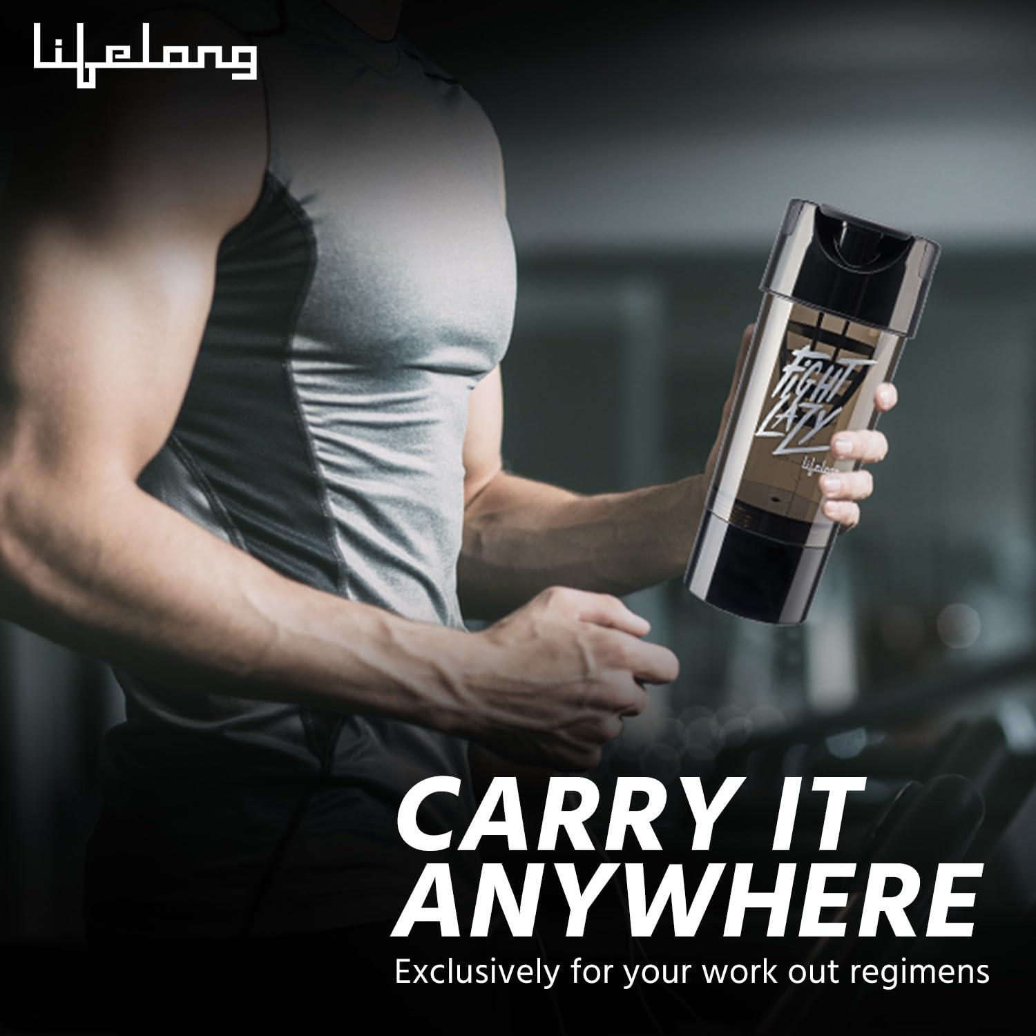 Lifelong Lifelong Protein Shaker|100% Leakproof Stylish Protein Shaker Bottle with Extra Compartment|BPA Free Sipper Bottle|Gym Bottle for Protein- 500ml (LLSHB02, Black),Plastic