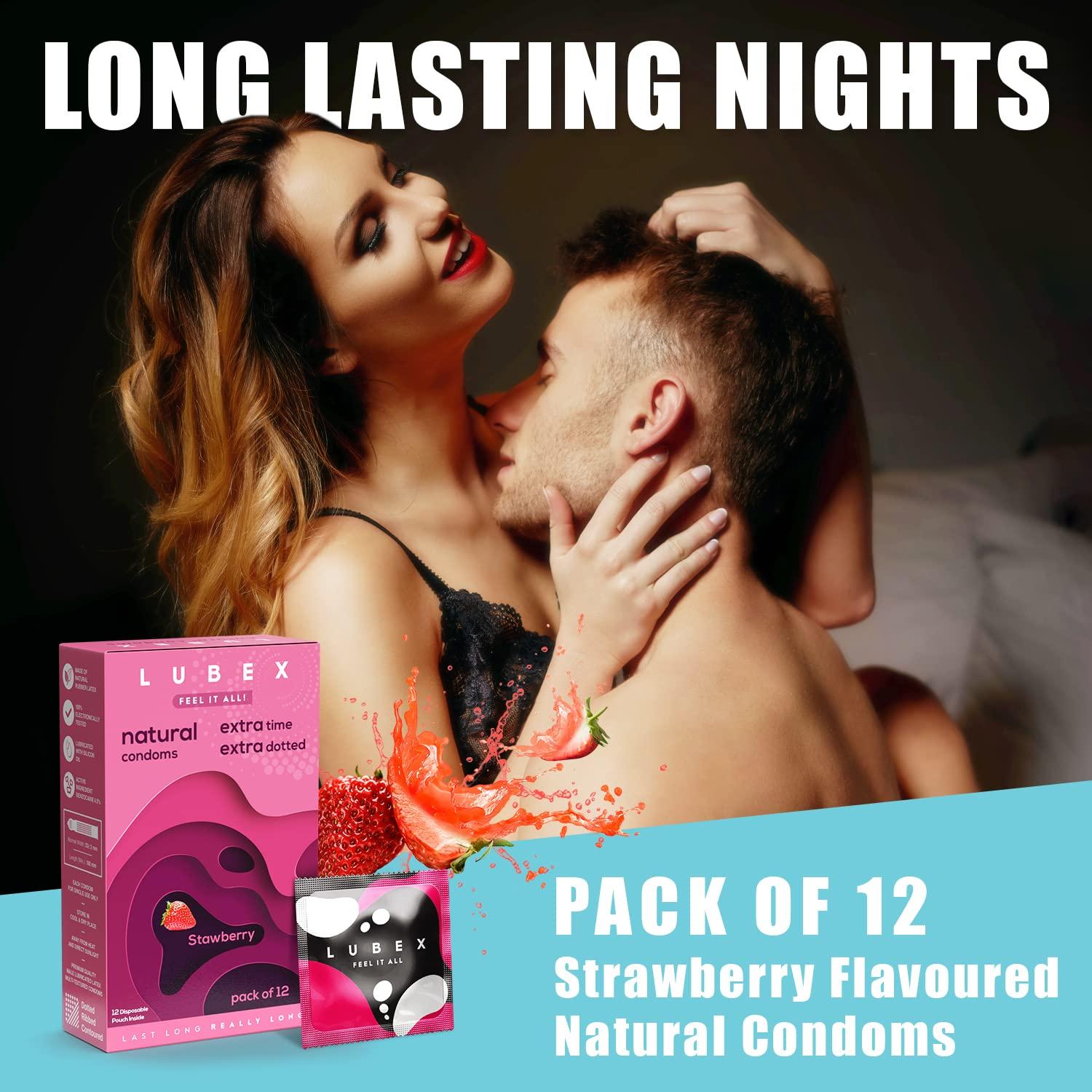 LUBex Lubex 6 in 1 Condoms - Long Lasting, Extra Dotted with Condom Disposable Bags - Extra Ribbed for Girls & Extra Time for Men - Strawberry Flavour - Combo Pack of 12 Condoms