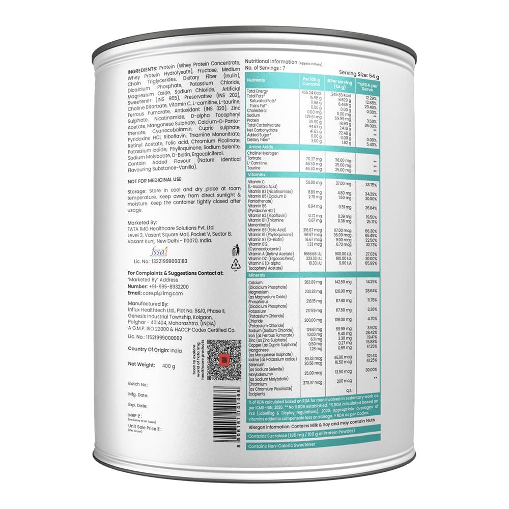 TATA 1MG Tata 1mg Pro+ 2.0 High Protein,High Calorie Whey Powder with MCT & Amino Acids for Energy, Muscle & Bone Strength,No Added Sugar,Vanilla Flavour,400gm