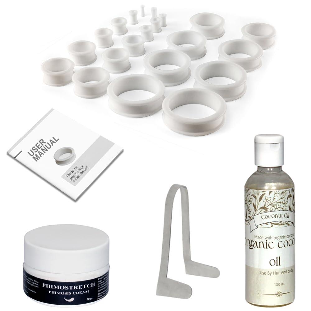 Phimostretch Phimostretch Phimosis stretching rings kit with coconut oil, phimosis cream, stretcher tool, and how to use booklet